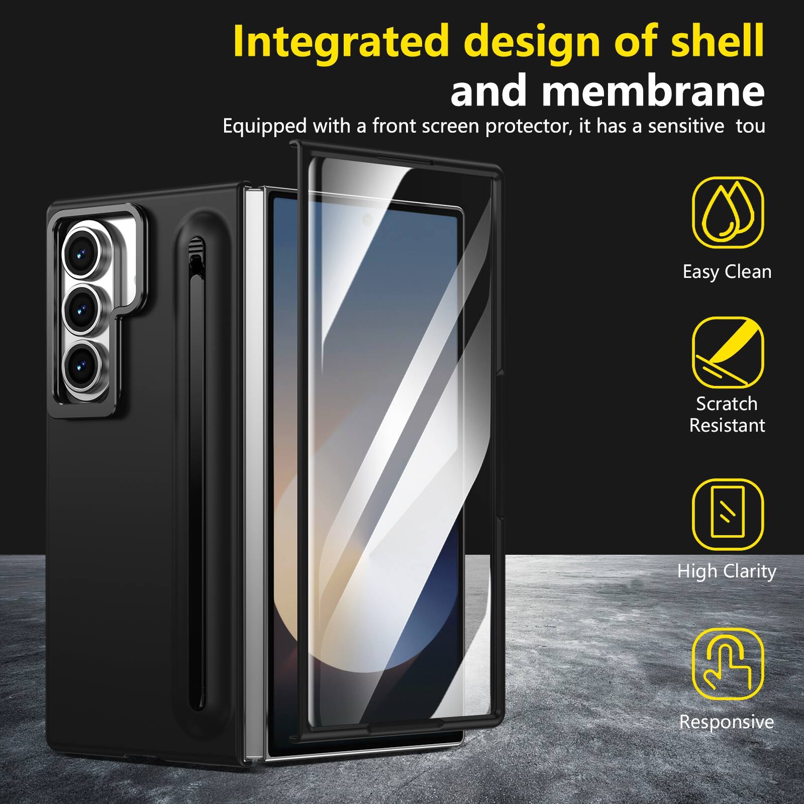 Integrated design of shell and membrane  
Equipped with a front screen protector, it has a sensitive touch  
Easy Clean  
Scratch Resistant  
High Clarity  
Responsive