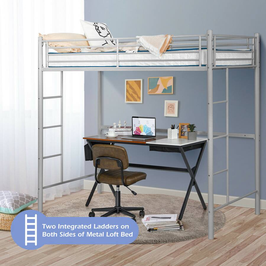 Integrated Laders Costway Twin Size Loft Bed Heavy Duty Metal Loft Bed Frame with Safety ...