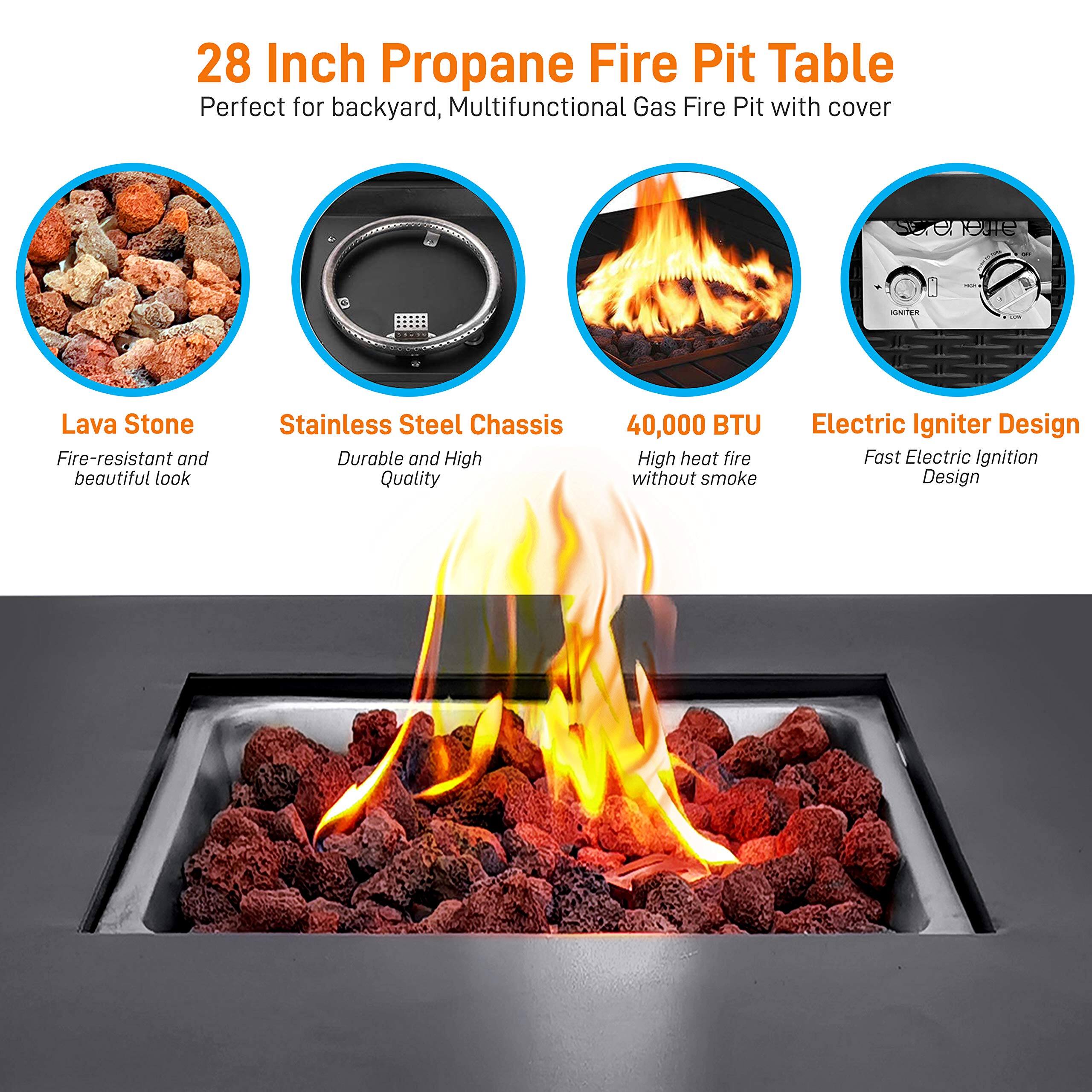 28 Inch Propane Fire Pit Table  
Perfect for backyard, Multifunctional Gas Fire Pit with cover  

- Lava Stone  
  Fire-resistant and beautiful look  

- Stainless Steel Chassis  
  Durable and High Quality  

- 40,000 BTU  
  High heat fire without smoke  

- Electric Igniter Design  
  Fast Electric Ignition Design