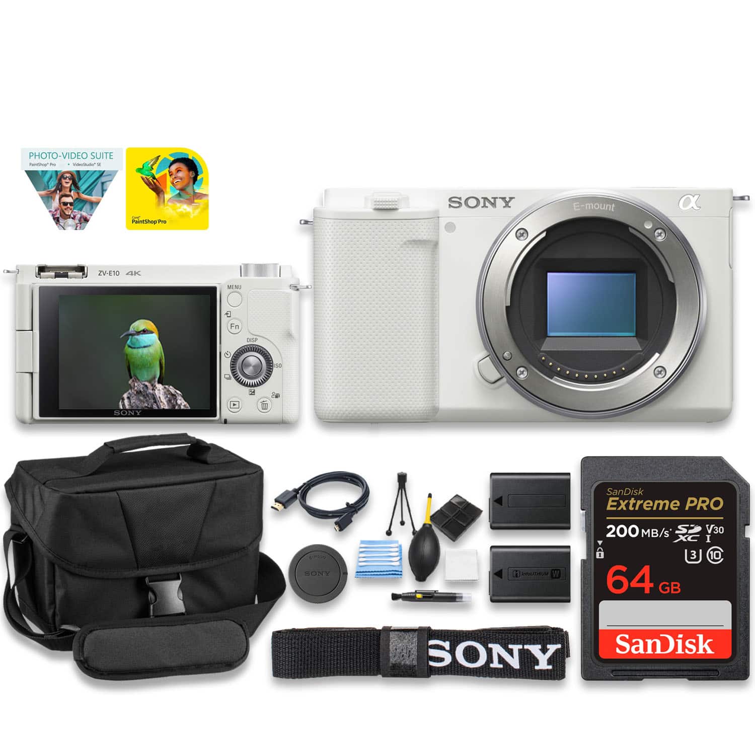 Bundle - Sony - ZV-E10 Body-Only Camera with Extra Battery, 64GB Card & Case - White
