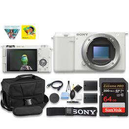 Bundle - Sony - ZV-E10 Body-Only Camera with Extra Battery, 64GB Card & Case - White