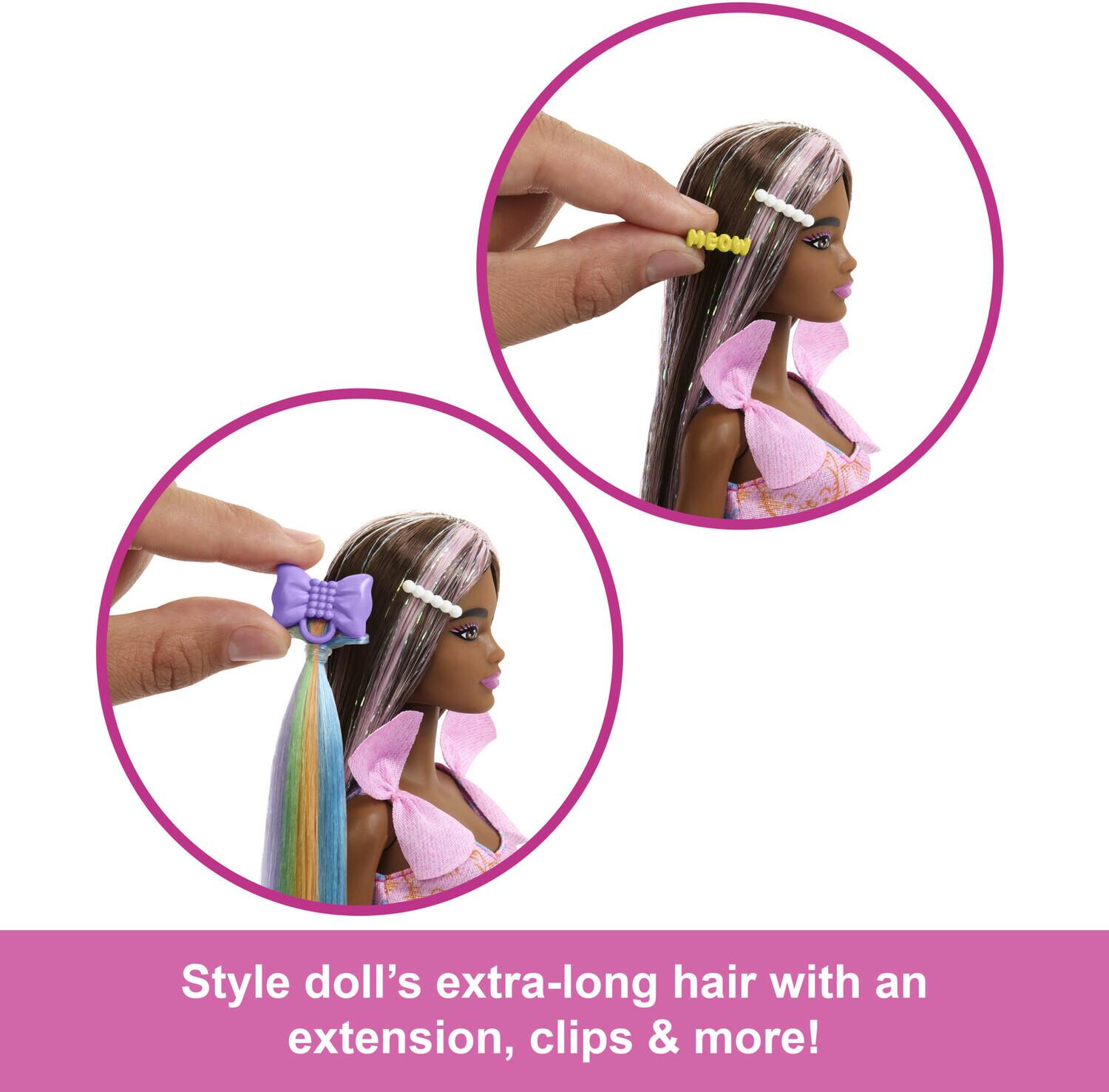 Style doll's extra-long hair with an extension, clips & more!
