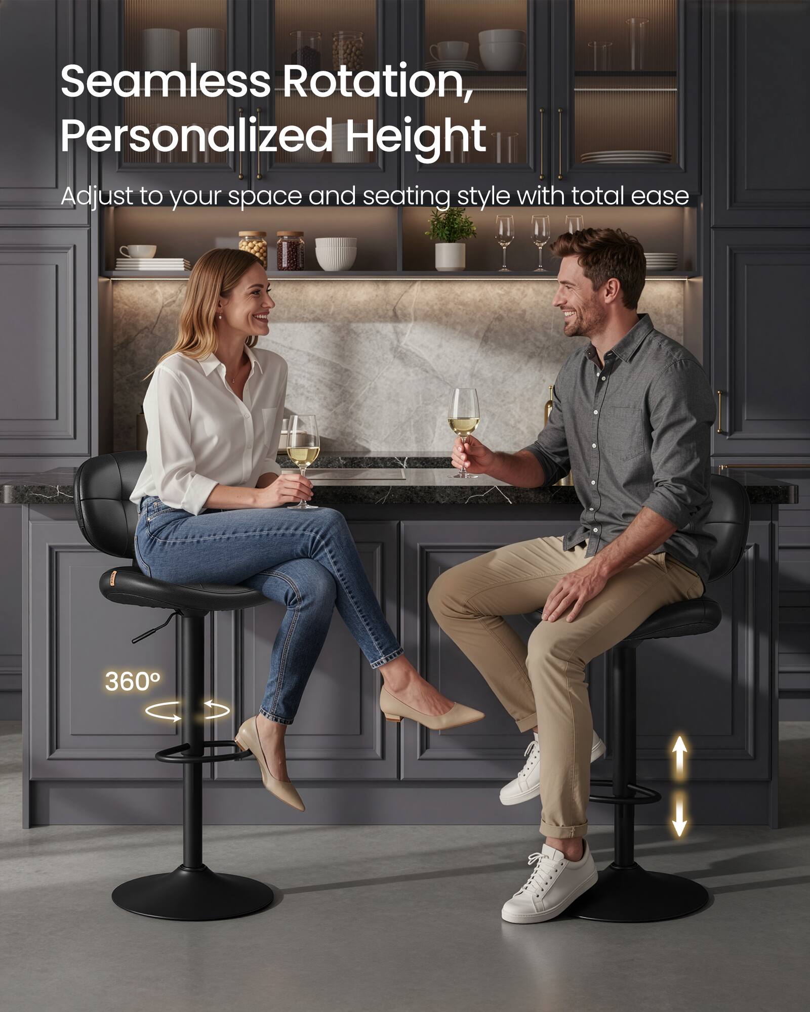 Seamless Rotation, Personalized Height  
Adjust to your space and seating style with total ease  
360°