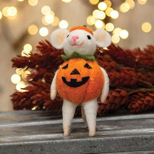 Angle. BreeBe - Felted Halloween Pumpkin Mouse Ornament - Multi.