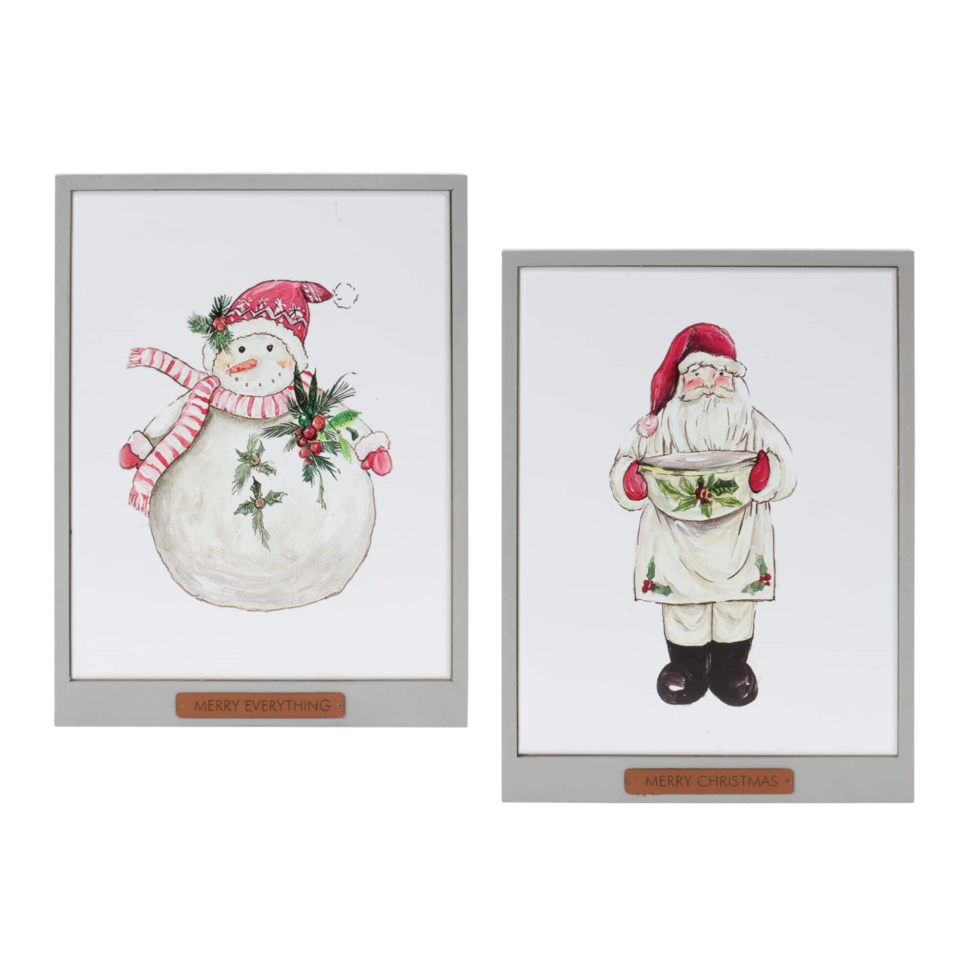 BreeBe - Framed Santa and Snowman Wall Art (Set of 2) - White, Red