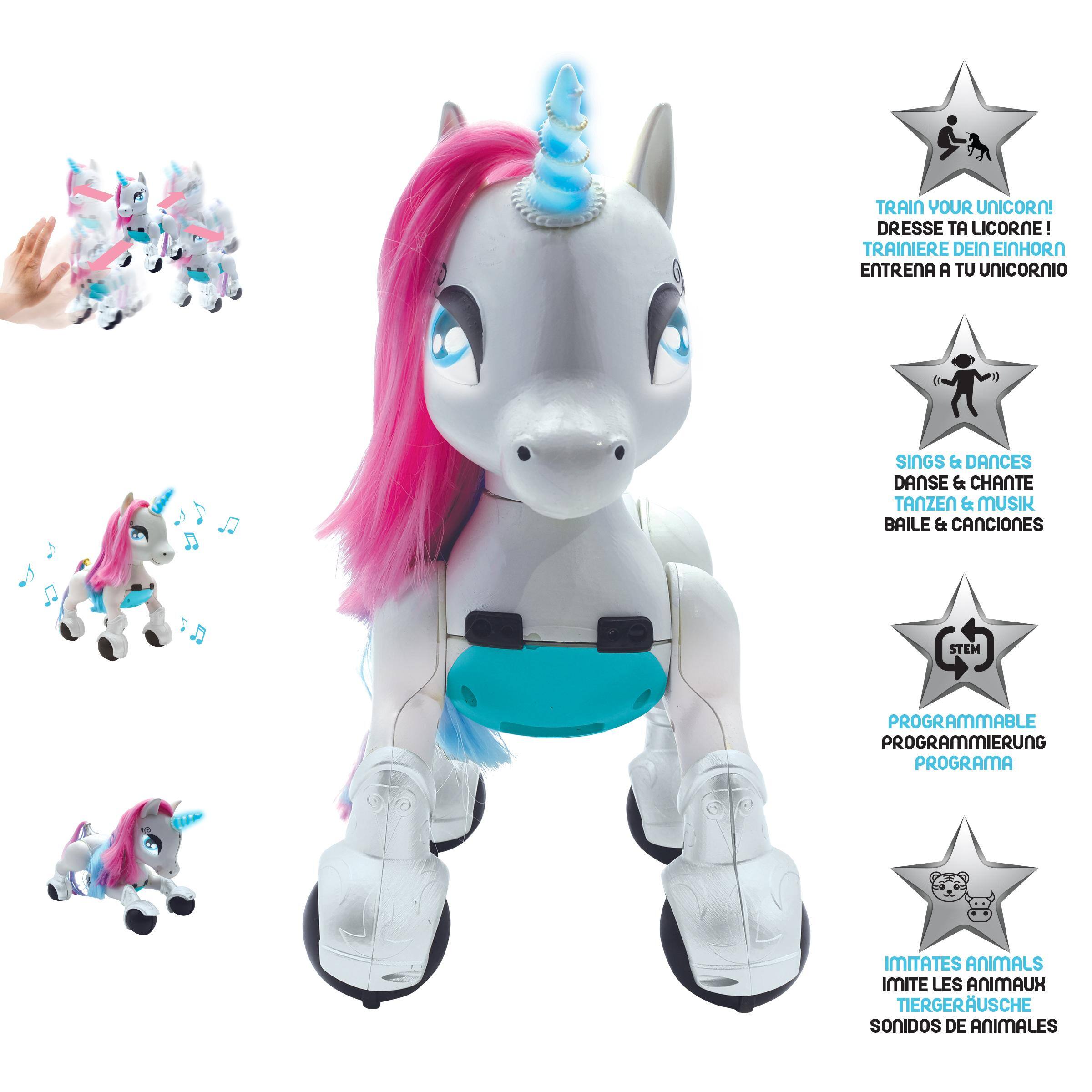 TRAIN YOUR UNICORN!  
DRESSE TA LICORNE !  
TRAINIERE DEIN EINHORN  
ENTRENA A TU UNICORNIO  

SINGS & DANCES  
DANSE & CHANTE  
TANZEN & MUSIK  
BAILE & CANCIONES  

STEM PROGRAMMABLE  
PROGRAMMIERUNG  
PROGRAMA  

IMITATES ANIMALS  
IMITE LES ANIMAUX  
TIERGERÄUSCHE  
SONIDOS DE ANIMALES