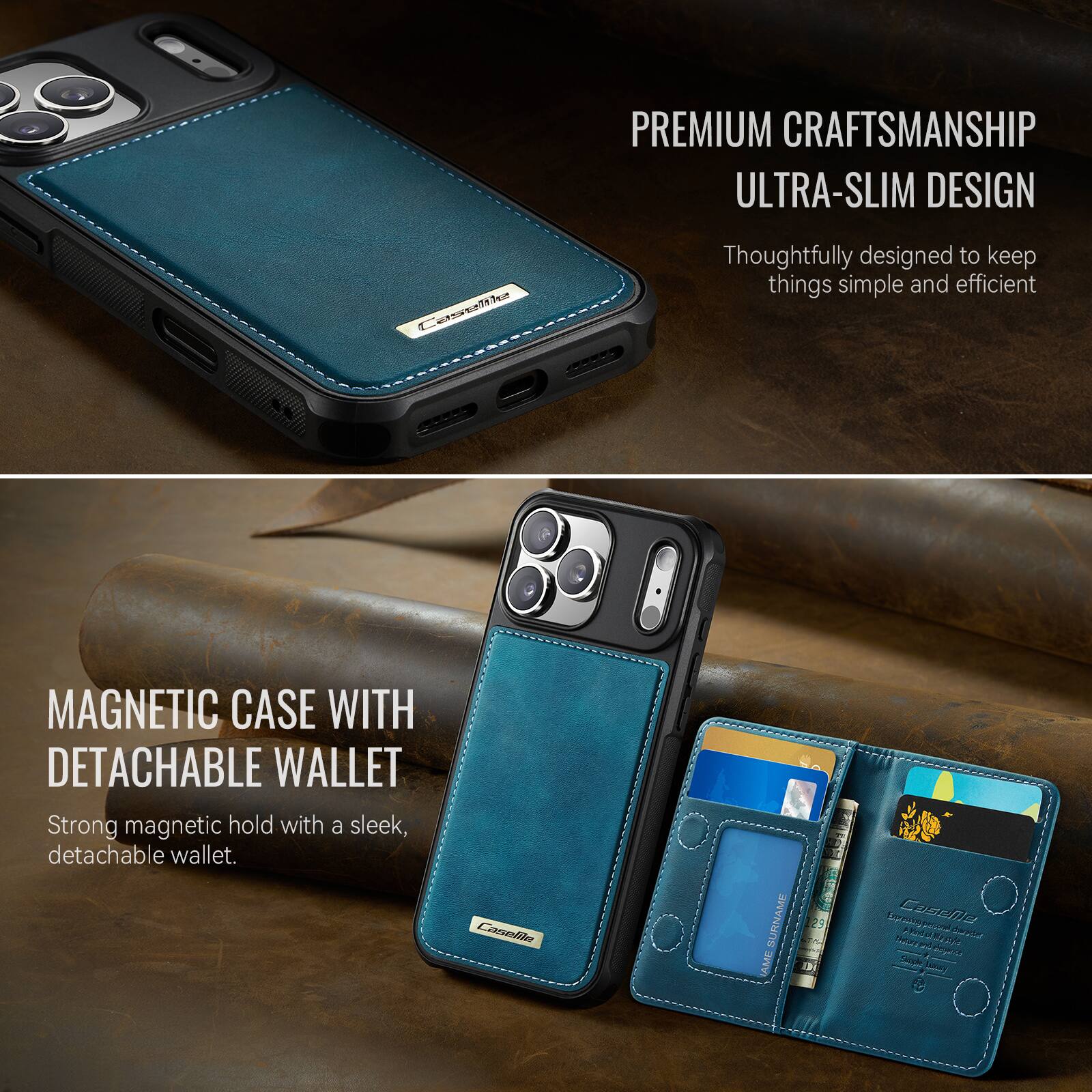 PREMIUM CRAFTSMANSHIP  
ULTRA-SLIM DESIGN  
Thoughtfully designed to keep things simple and efficient  

MAGNETIC CASE WITH DETACHABLE WALLET  
Strong magnetic hold with a sleek, detachable wallet.  

Conolito  
SURNAME AME  
23 pnd  
Sopes Casella  
TA ane  
Nar 2 SV m  
Deple Fey