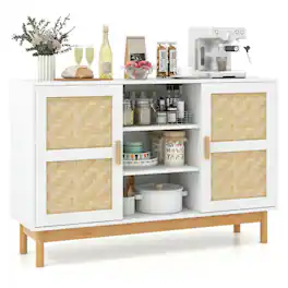 Pefilos - 48 Inch Sideboard Buffet Cabinet, Floor Storage Cabinet with 2 Bamboo Woven Doors, Cabinet for Indoor - White
