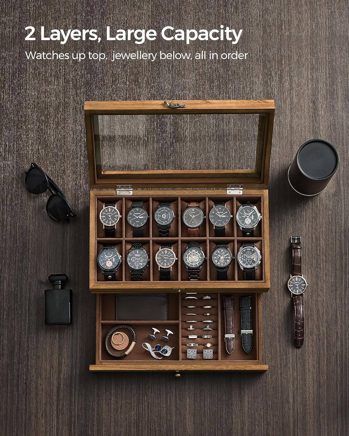 2 Layers, Large Capacity  
Watches up top, jewellery below, all in order