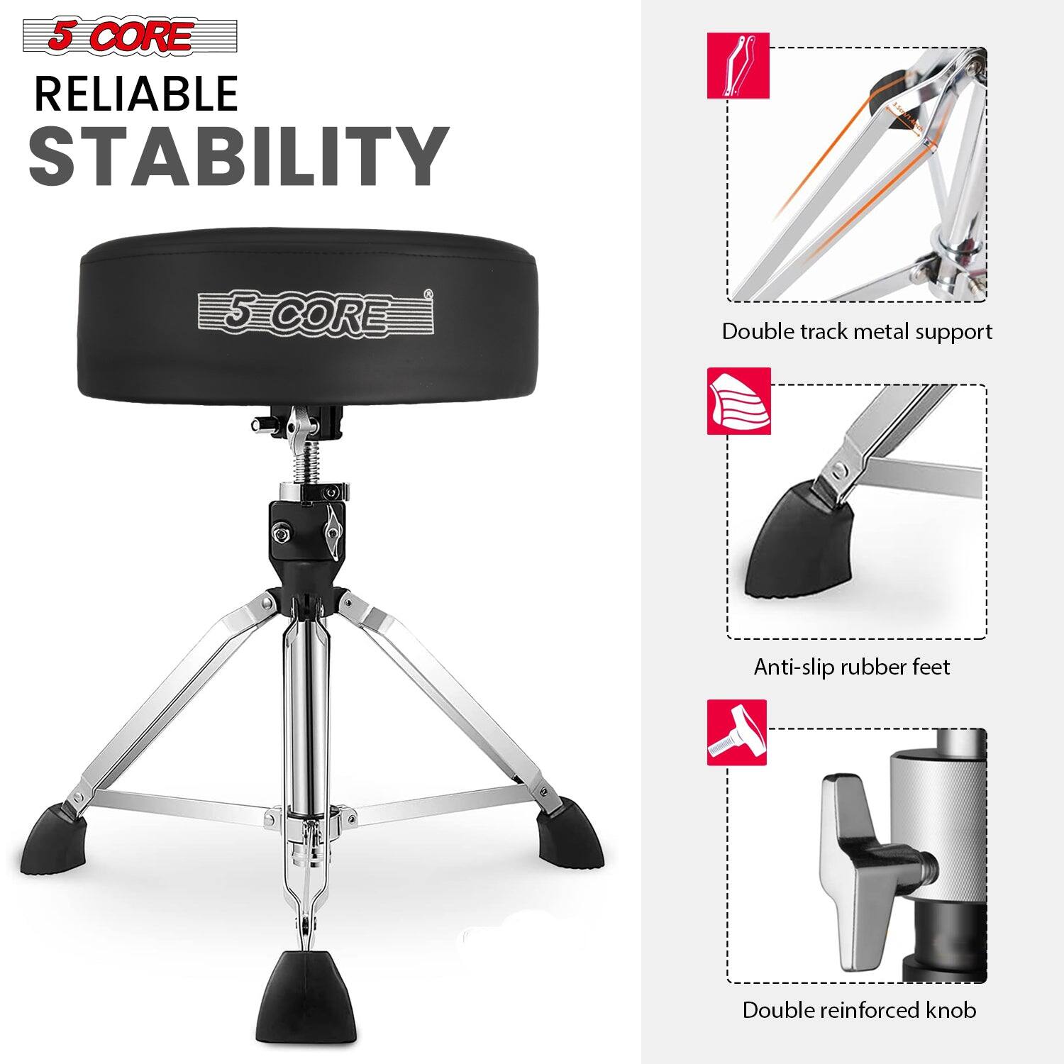 5 CORE  
RELIABLE STABILITY  

Double track metal support  
Anti-slip rubber feet  
Double reinforced knob