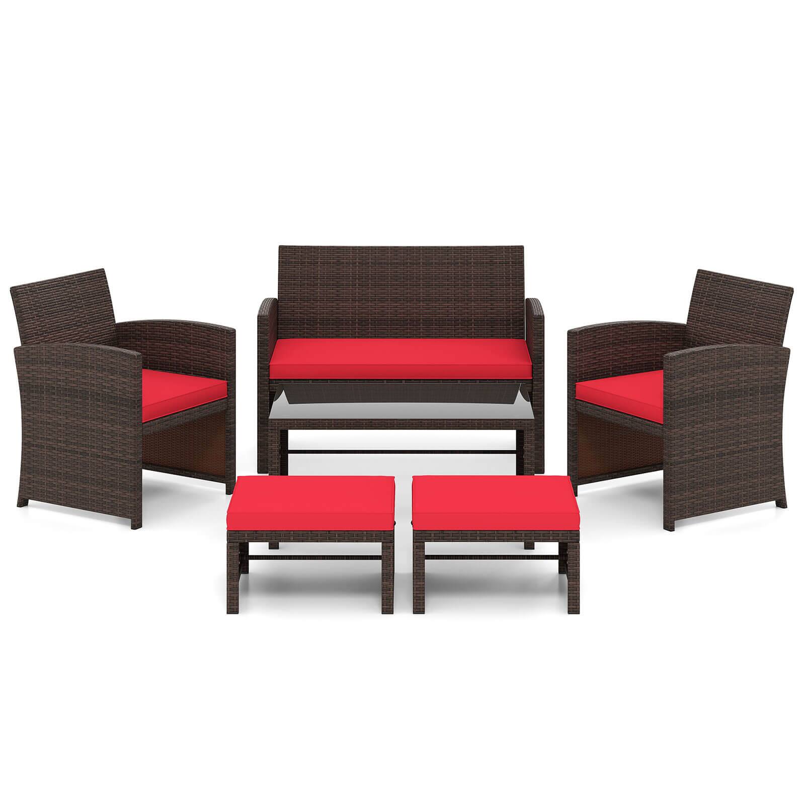 Alt View 6. Gymax - Gymax 6 PCS Patio Furniture Set w/ 1 Loveseat 1 Coffee Table 2 Armchairs 2 Ottomans Red - Mix Brown, Red.