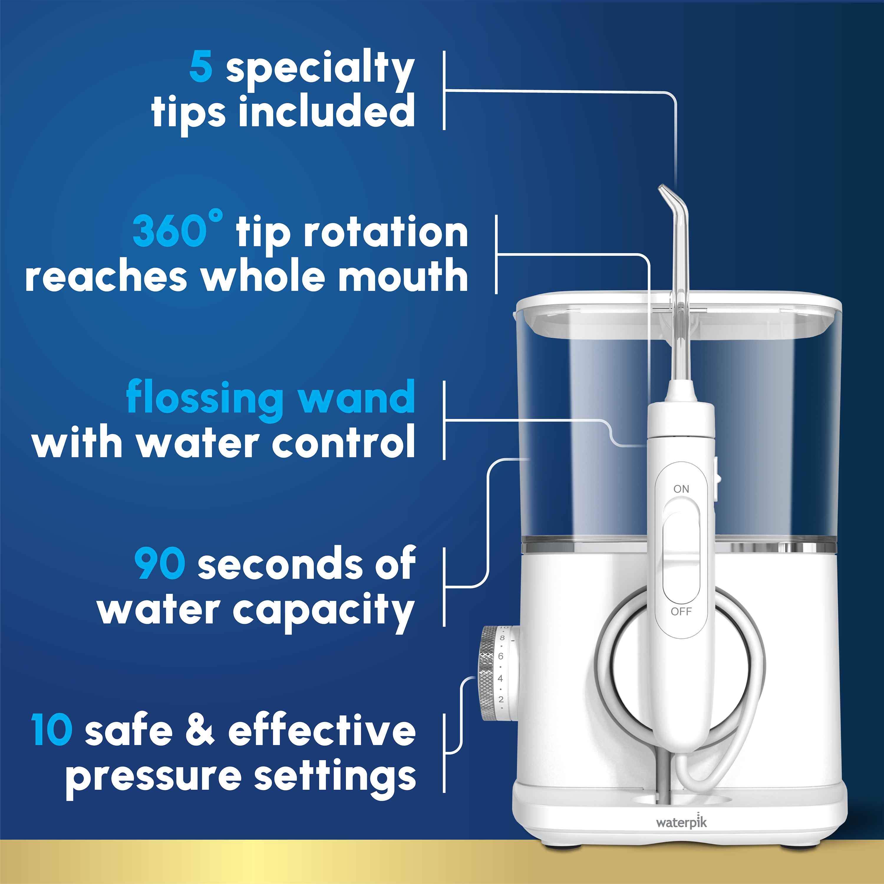 5 specialty tips included  
360° tip rotation reaches whole mouth  
flossing wand with water control  
90 seconds of water capacity  
10 safe & effective pressure settings  
A.G.4-2 d  
waterpik