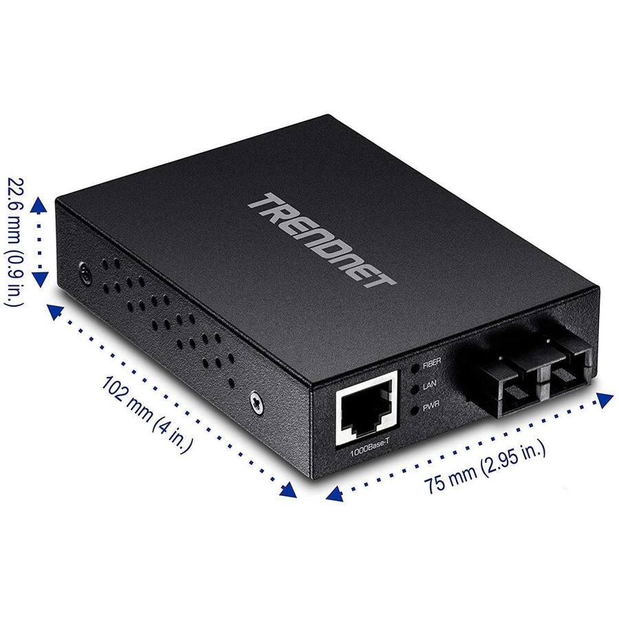 22.6 mm (0.9 in.)  
102 mm (4 in.)  
75 mm (2.95 in.)  

TRENDNET  
1000Base-T  
FIBER  
LAN  
PWR