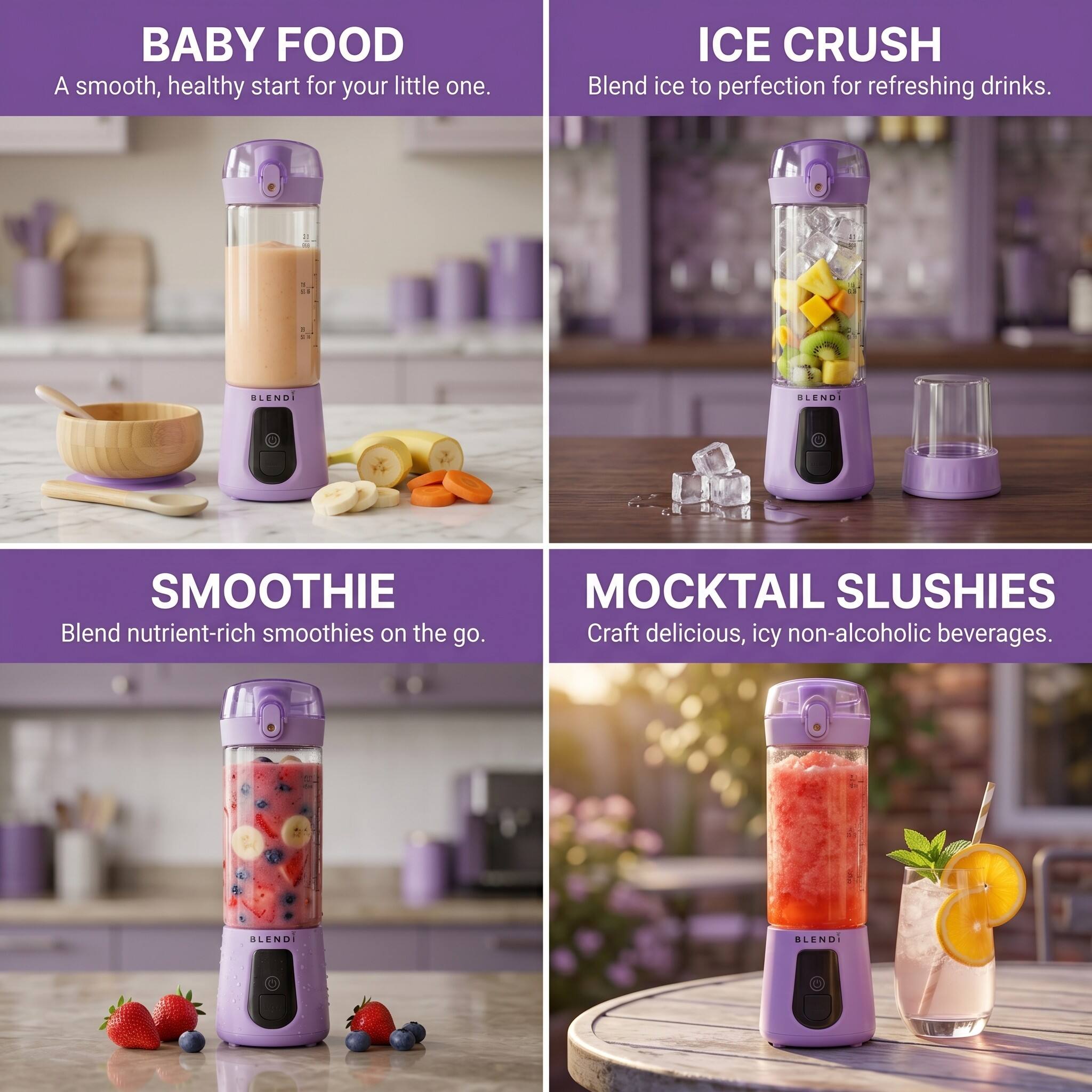 BABY FOOD  
A smooth, healthy start for your little one.

ICE CRUSH  
Blend ice to perfection for refreshing drinks.

SMOOTHIE  
Blend nutrient-rich smoothies on the go.

MOCKTAIL SLUSHIES  
Craft delicious, icy non-alcoholic beverages.