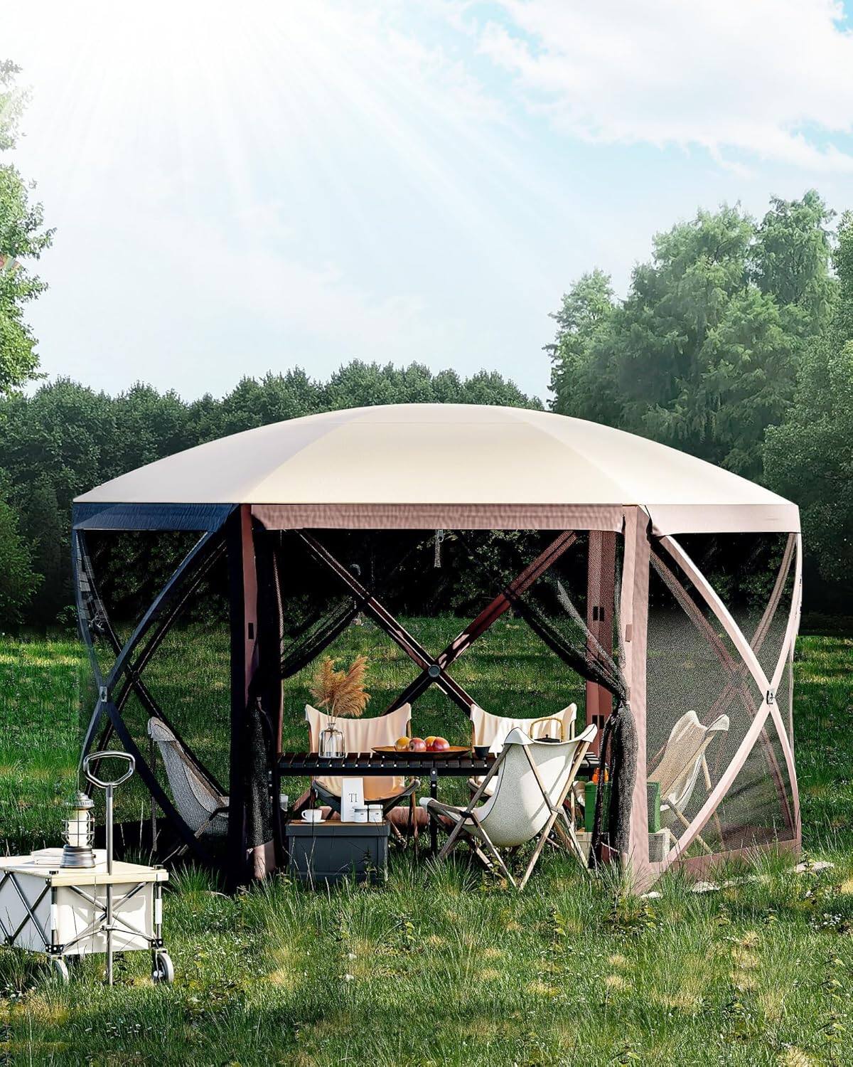 Front. Homhougo - Heavy Duty Hexagon Pop Up Outdoor Gazebo 12x12 FT, 6 Removable Side Curtains – Weatherproof 210d Oxford - Khaki.