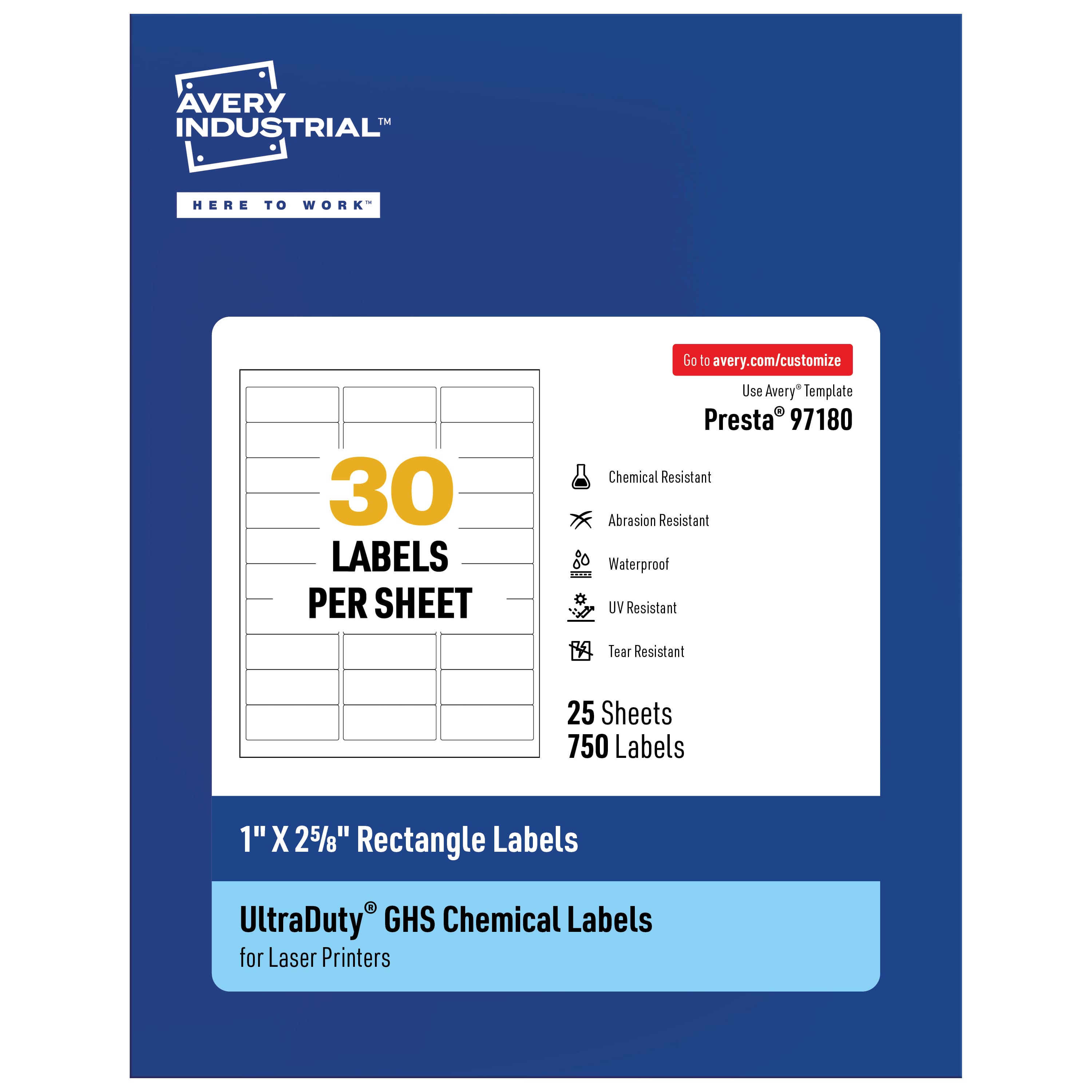 Avery - UltraDuty GHS Labels 1" X 2-5/8", 750 Ct, Laser Printer - White
