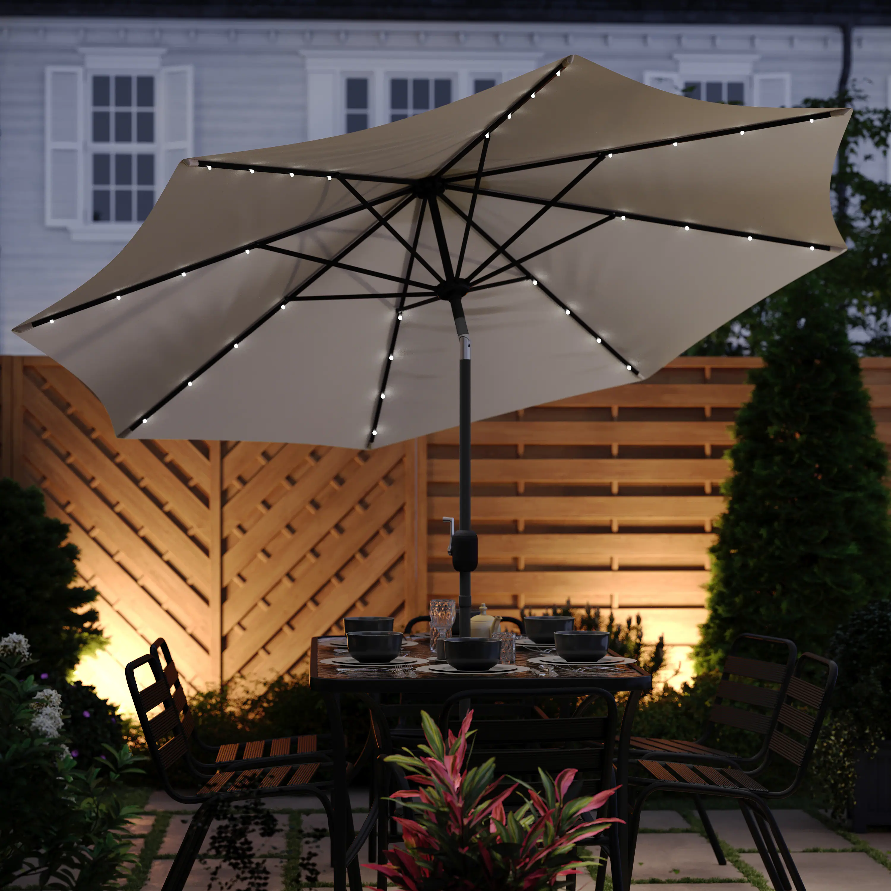 Alt View 3. Emma + Oliver - Hogan 9 FT Patio Umbrella with Solar LED Lights and Crank and Tilt Functions - Tan.