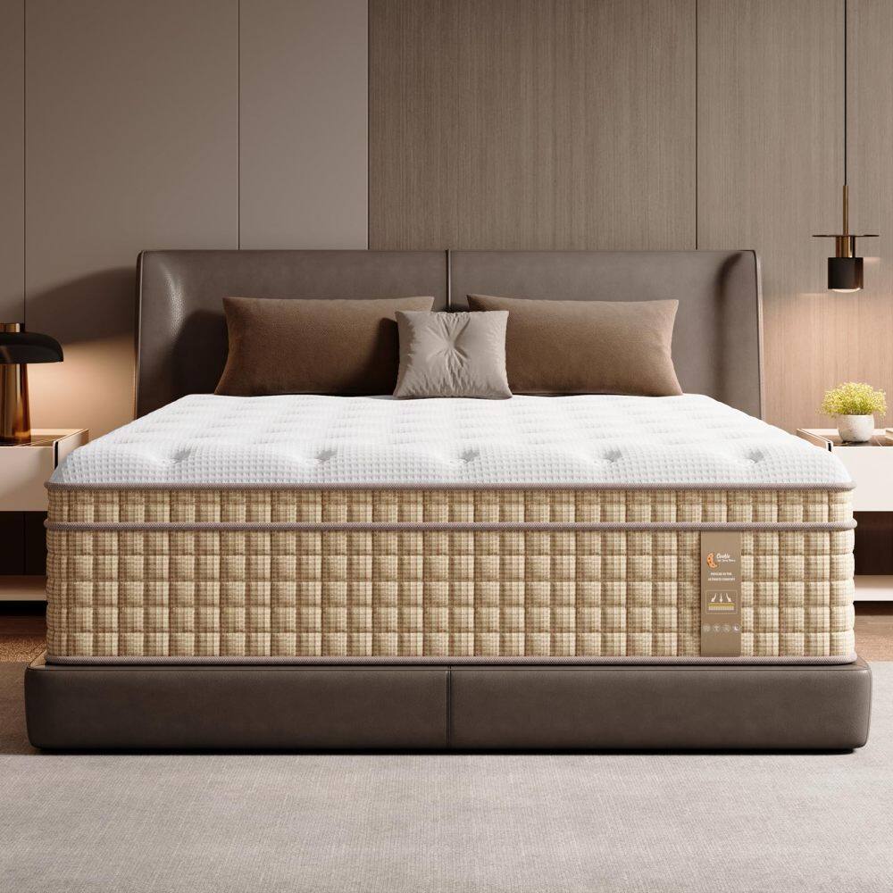 Back. PDTEND - 12 Inch Queen Medium Firm Hybrid Mattress with Independently Encased Springs & Gel Memory Foam - Beige+White.