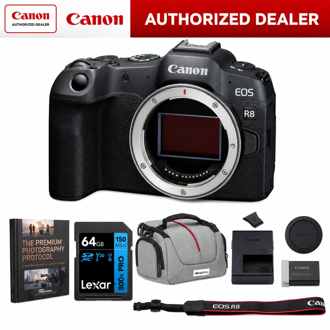 Canon EOS R8

64GB 150 MB/s Lexar 800x SDXC U3 V30 PRO

THE PREMIUM PHOTOGRAPHY PROTOCOL

Canon AUTHORIZED DEALER

Canon CHARGE

Canon Lens Cap

Canon Strap

EOS R8