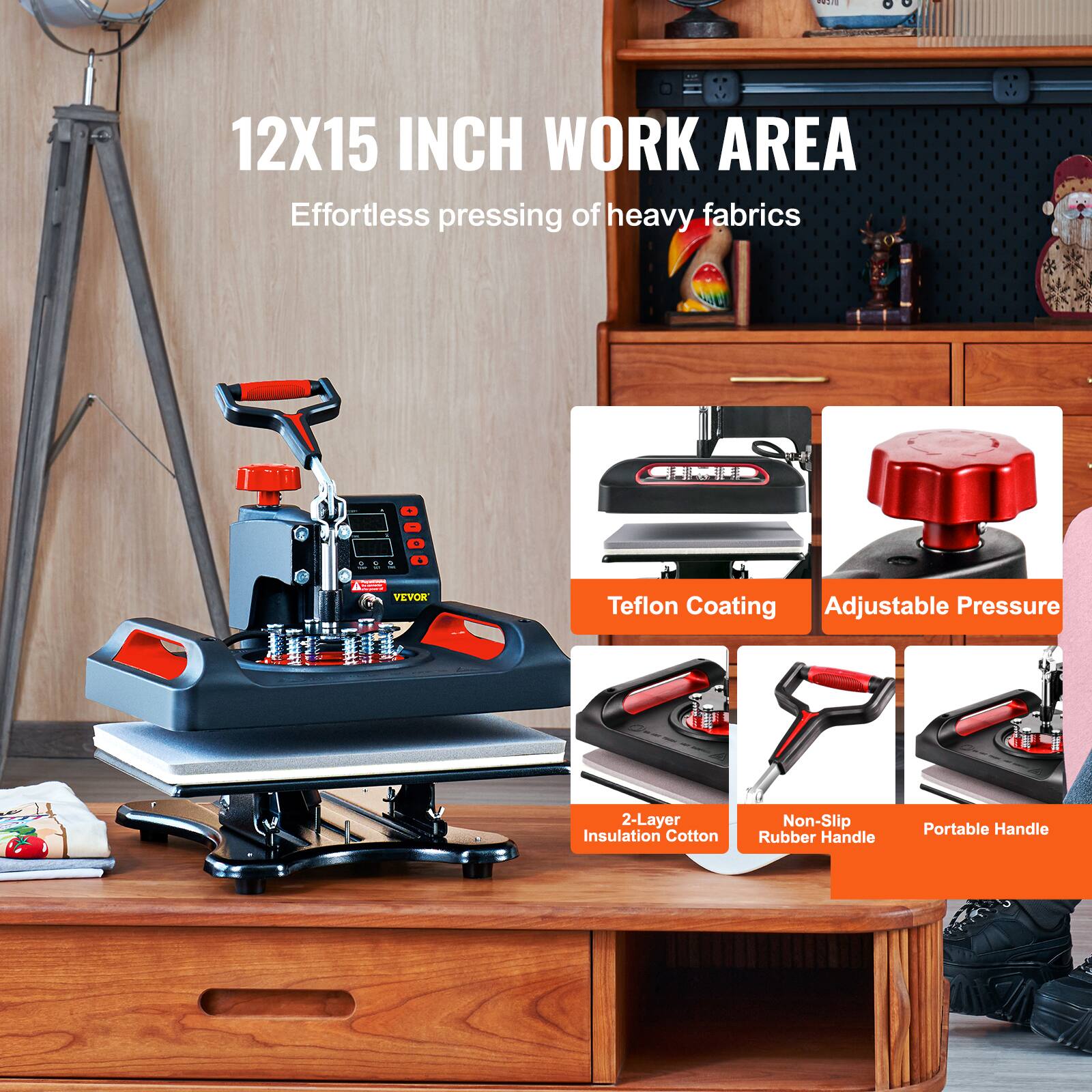 100

12X15 INCH WORK AREA
Effortless pressing of heavy fabrics

- Teflon Coating
- Adjustable Pressure
- 2-Layer Insulation Cotton
- Non-Slip Rubber Handle
- Portable Handle