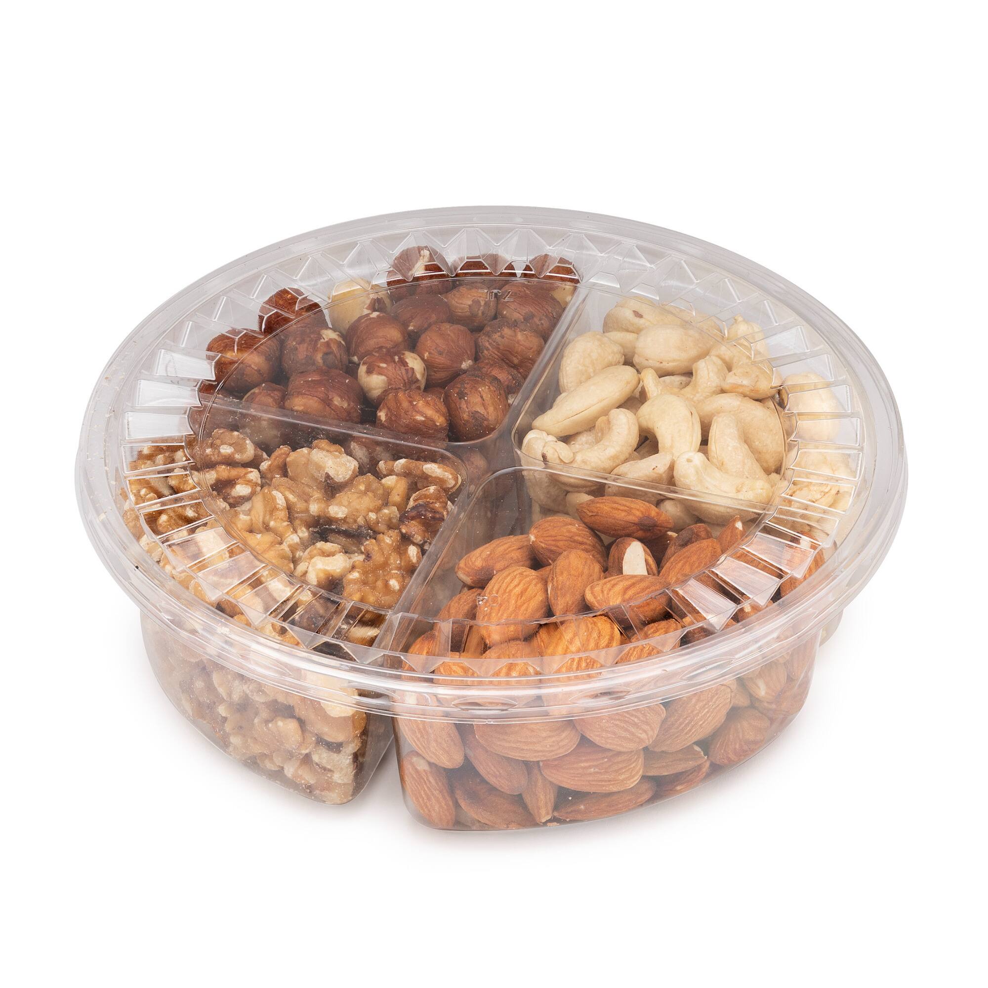 Angle. ChefWave - Variety Fresh Assortment 4-Section Tray of Nuts.