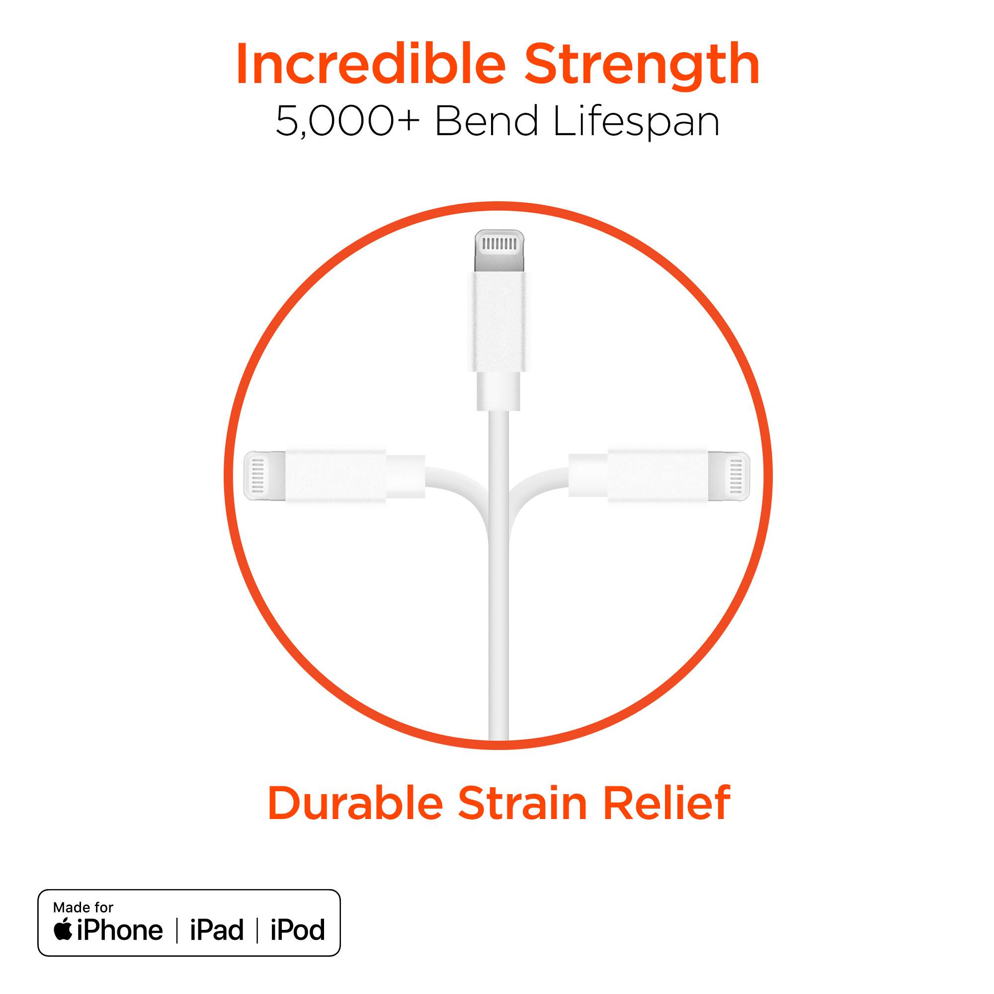 Incredible Strength  
5,000+ Bend Lifespan  
Durable Strain Relief  
Made for iPhone | iPad | iPod
