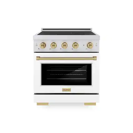 Front. ZLINE - Autograph 30 in. 4.2 cu. ft. Paramount Freestanding Induction Range with 4 Burners and Bronze Accents with White Door - Matte White.