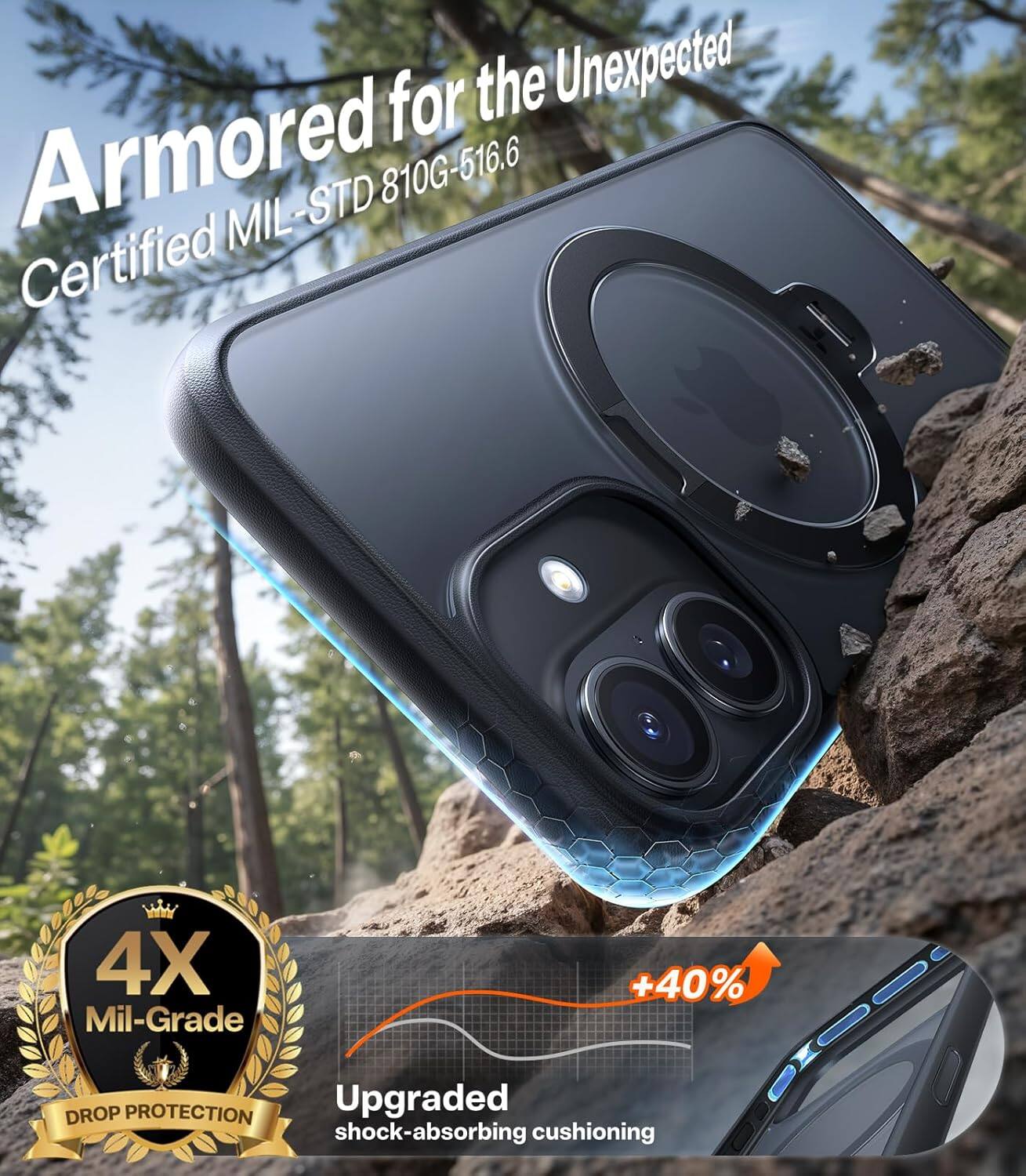 Armored for the Unexpected  
Certified MIL-STD 810G-516.6  

4X Mil-Grade  
DROP PROTECTION  

Upgraded shock-absorbing cushioning  
+40%
