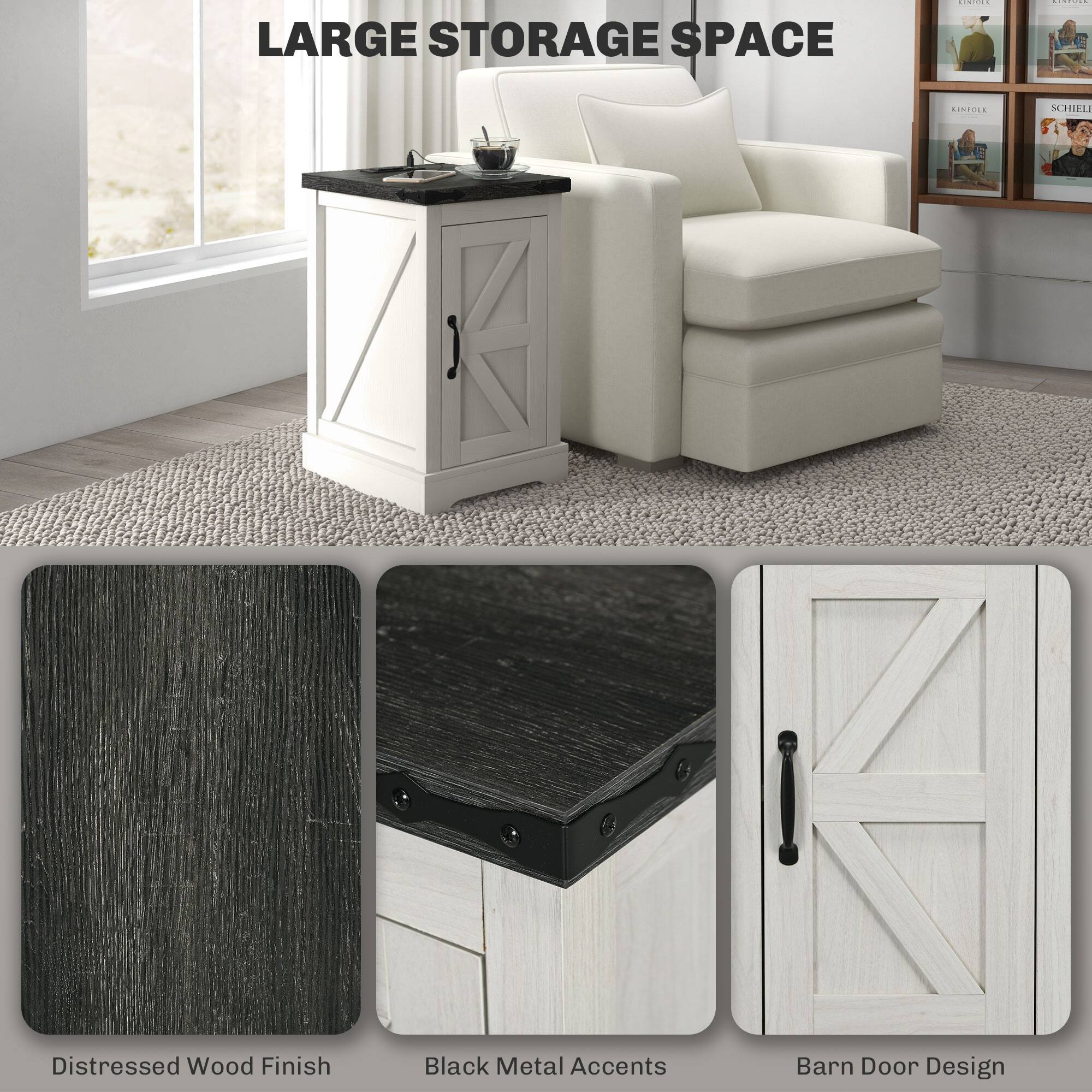 LARGE STORAGE SPACE

Distressed Wood Finish

Black Metal Accents

Barn Door Design
