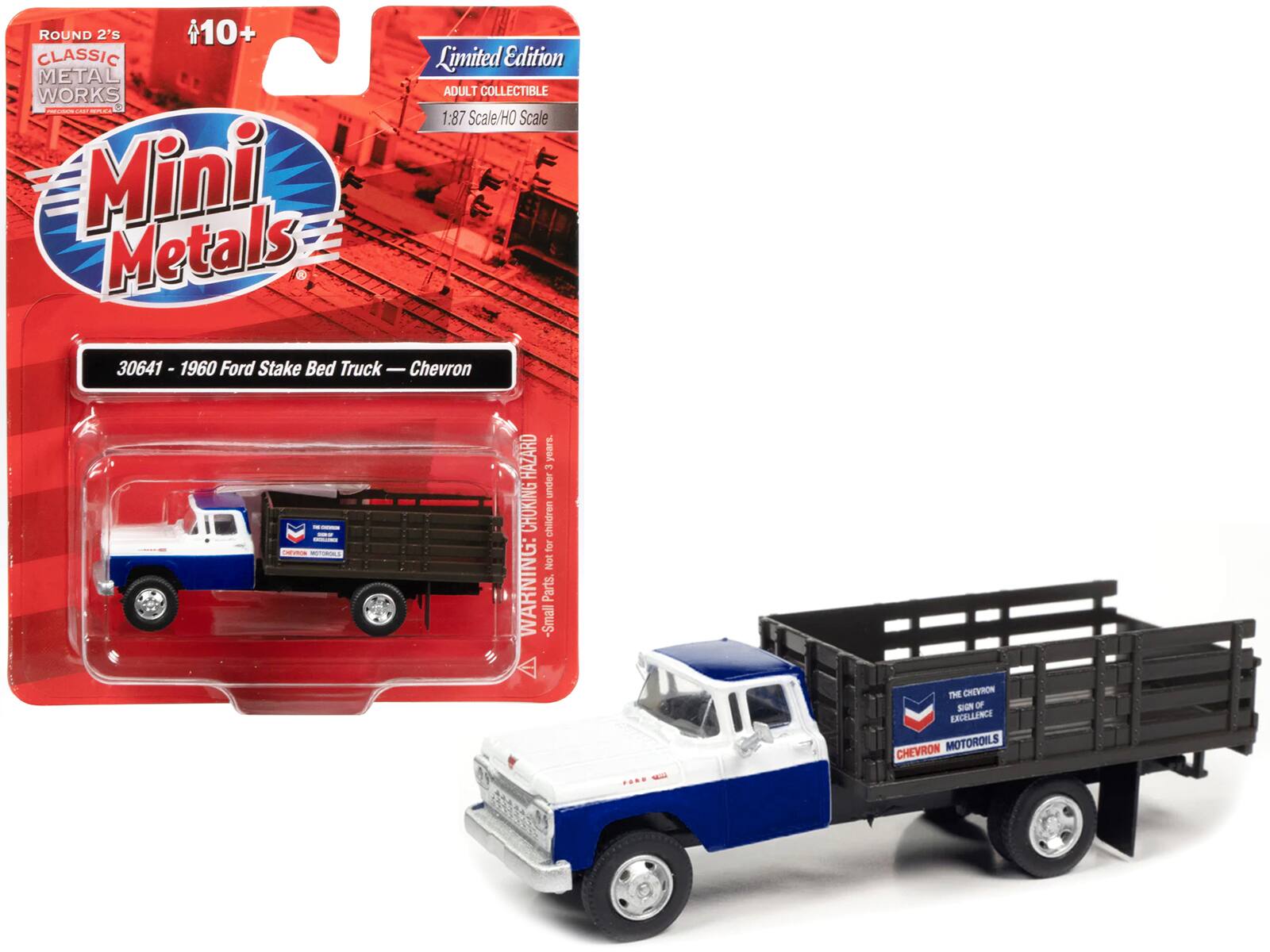 ROUND 2's CLASSIC METAL WORKS  
Mini Metals  
Limited Edition  
ADULT COLLECTIBLE  
1:87 Scale/HO Scale  

30641 - 1960 Ford Stake Bed Truck — Chevron  

WARNING: CHOKING HAZARD - Small Parts. Not for children under 3 years.  

THE CHEVRON SIGN OF EXCELLENCE  
CHEVRON MOTOROILS