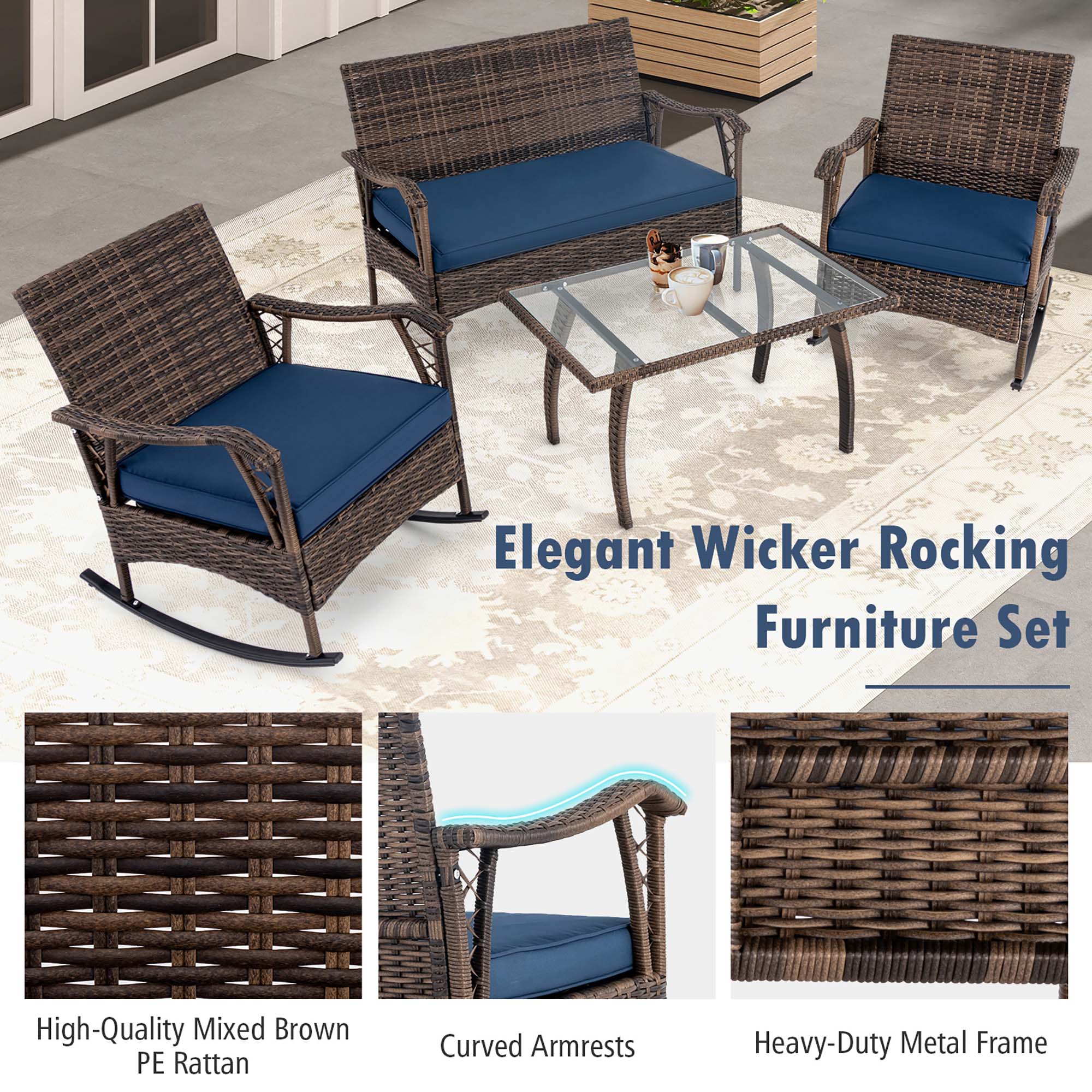 Elegant Wicker Rocking Furniture Set
High-Quality Mixed Brown PE Rattan
Curved Armrests
Heavy-Duty Metal Frame
