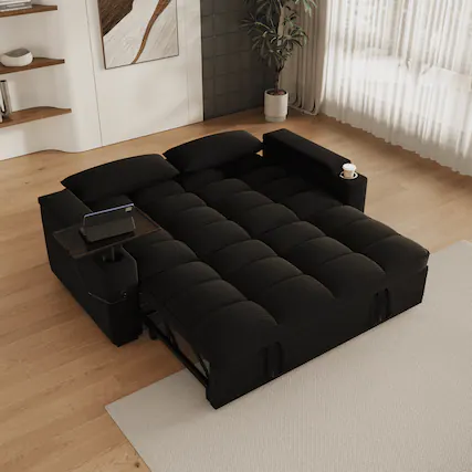 Front. Anysun - 65" 3-in-1 Corduroy Convertible Sofa Bed - Pullout Design with 360° Swivel Table, Easy Assembly for Living Room - Black.
