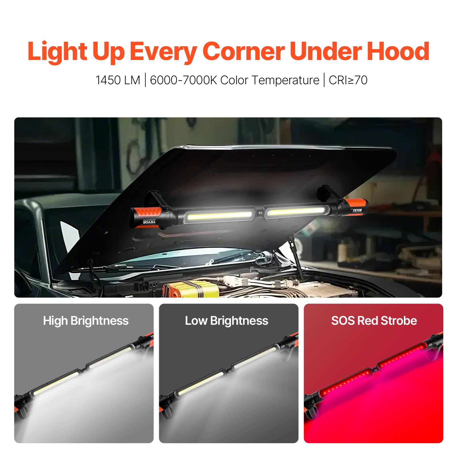 Light Up Every Corner Under Hood  
1450 LM | 6000-7000K Color Temperature | CRI≥70  

High Brightness  
Low Brightness  
SOS Red Strobe