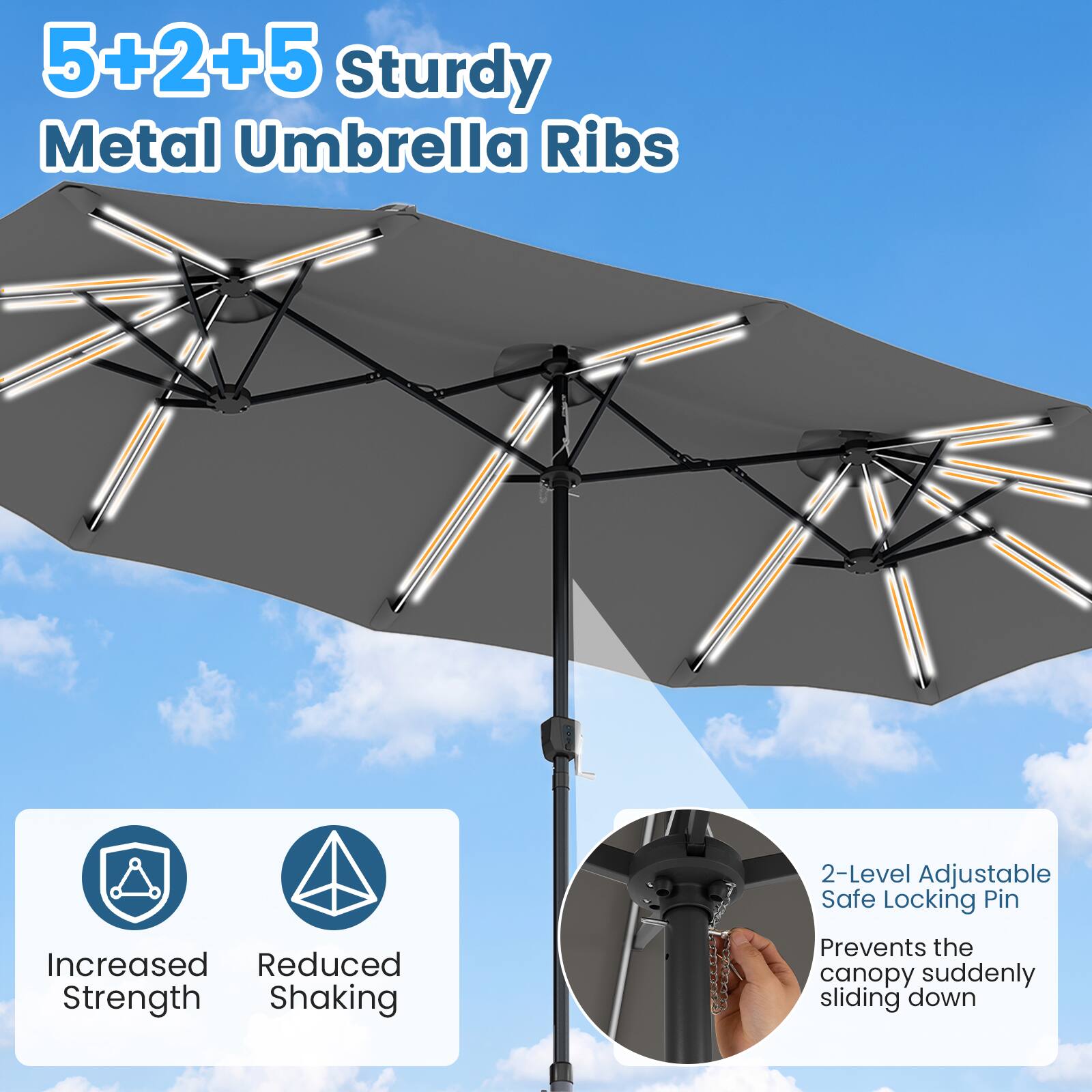 5+2+5 Sturdy Metal Umbrella Ribs

2-Level Adjustable Safe Locking Pin

Increased Strength
Reduced Shaking

Prevents the canopy suddenly sliding down