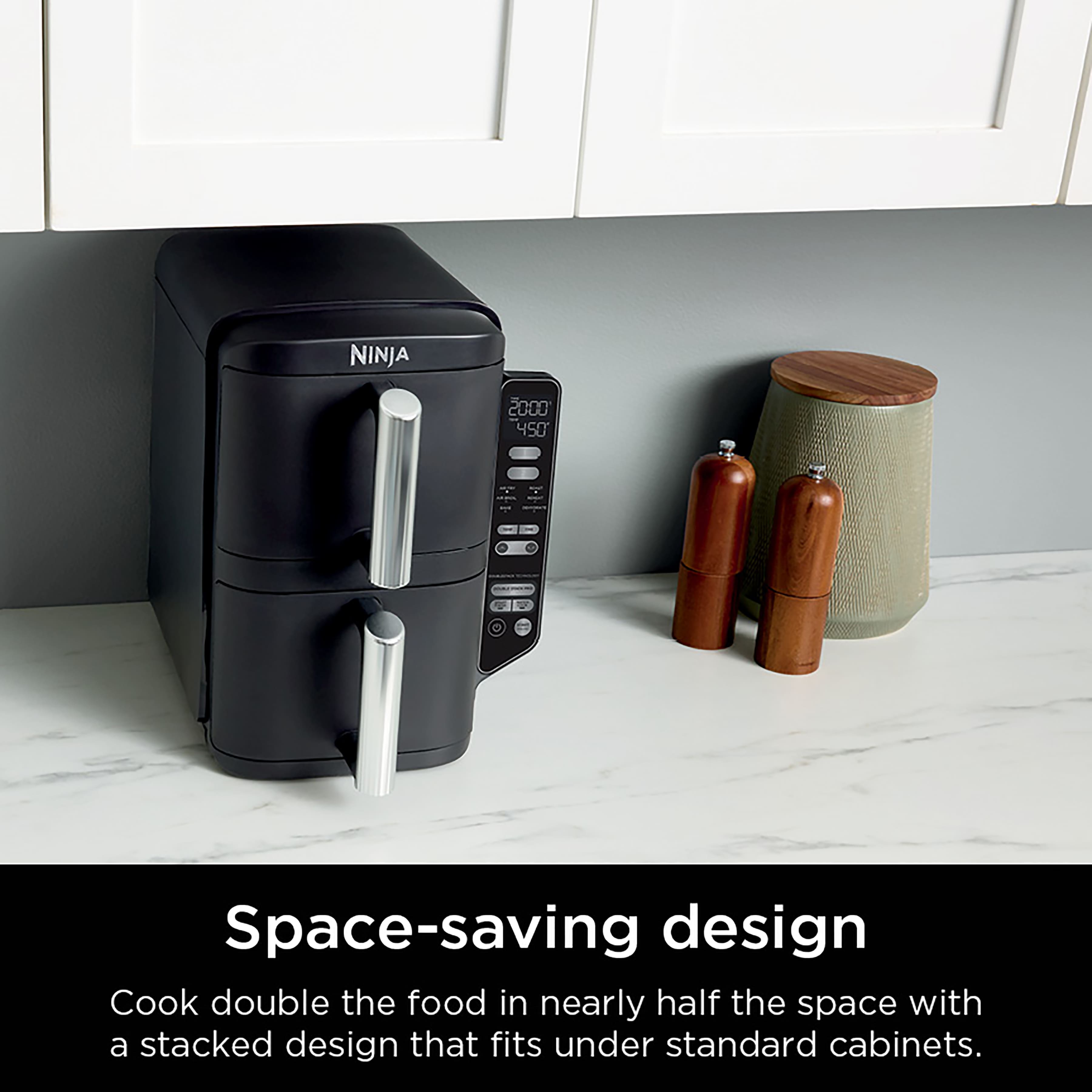 Space-saving design: Cook double the food in nearly half the space with a stacked design that fits under standard cabinets.