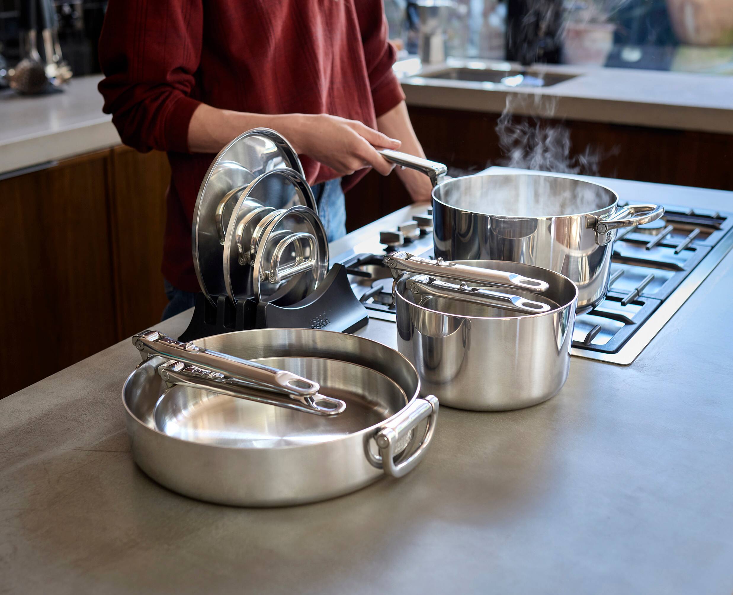 Alt View 2. Joseph Joseph - Space Steel 8-piece Stainless Steel Cookware Set with Folding Handles - Stainless Steel.