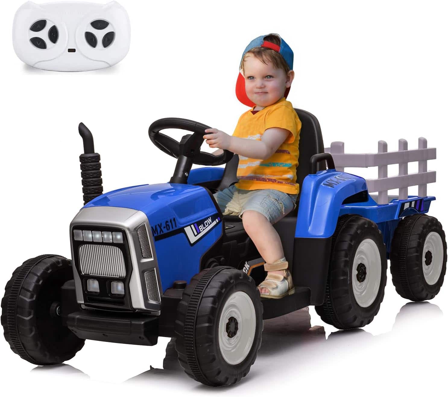 Homhougo - 12V Kids Ride On Tractor with Trailer & Remote Control, LED Headlights, Music
