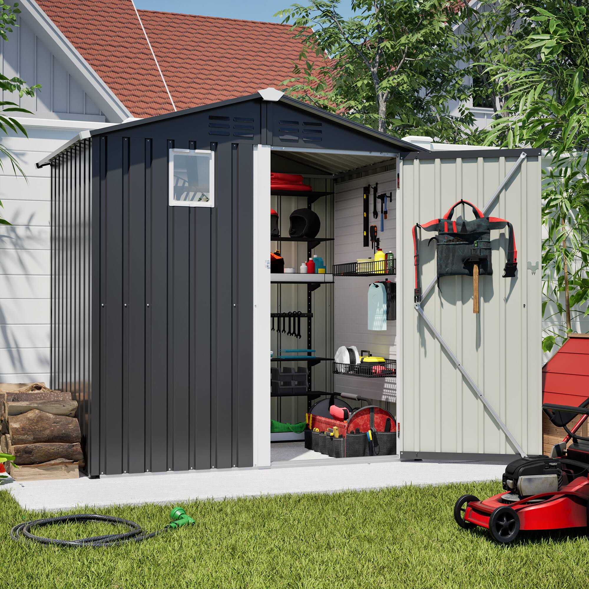Left. Lirago - 6x4 FT Outdoor Storage Shed All-Weather Metal Shed with Lockable Doors - Gray.
