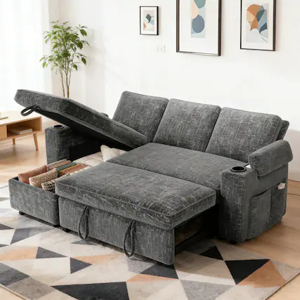 Front. Dyonery - Sectional Sleeper Sofa with Pull Out Couch,Chenille Couch with Storage Chaise & USB Charging, L Shaped Modular Couches - Gray.