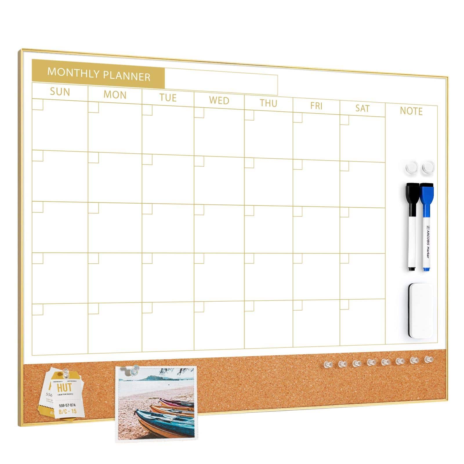 PARKER SLATER - Dry Erase Calendar With Cork Board For Wall 24"x 18" Magnetic Whiteboard Black Frame Monthly Combination School Home