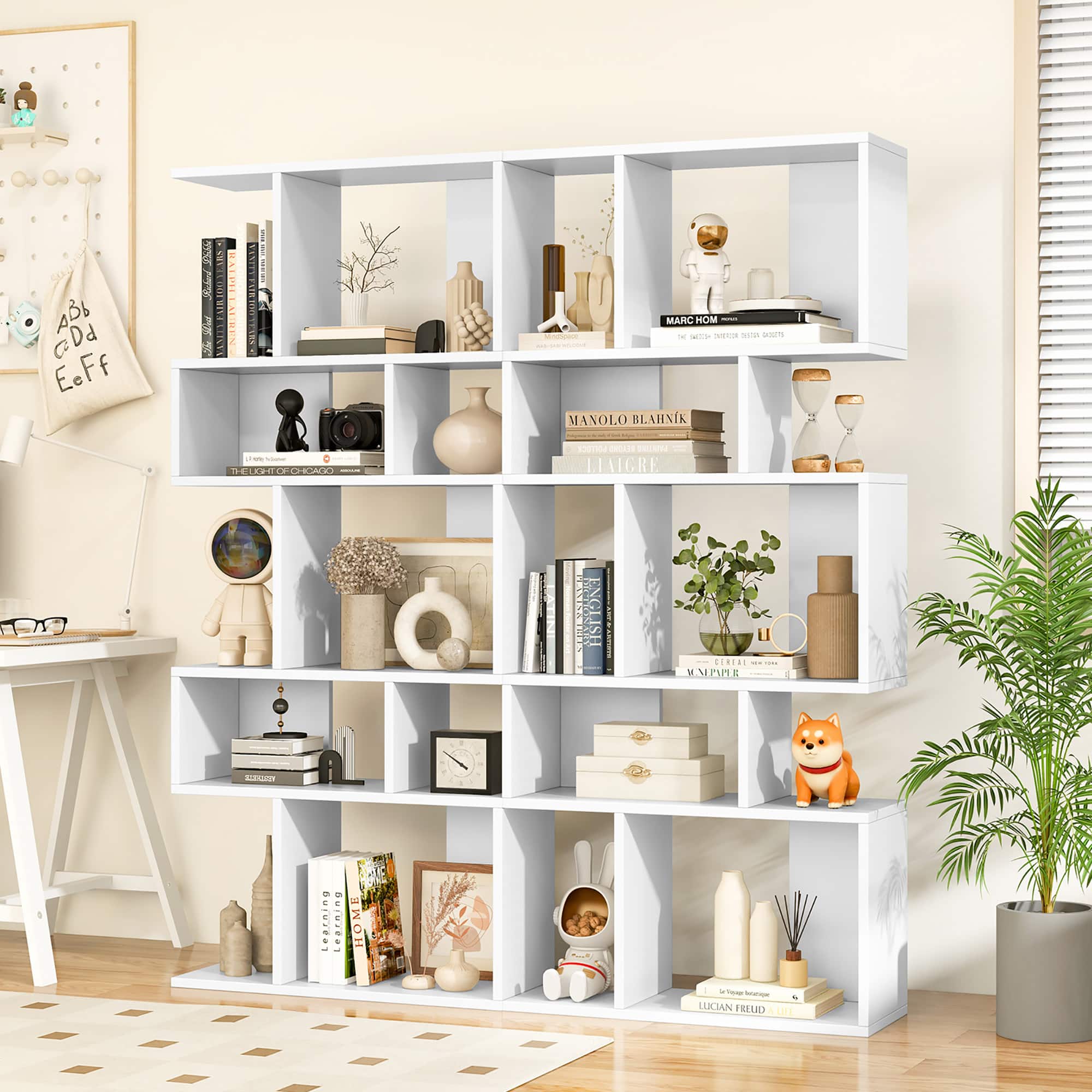 Gymax - 2 PCS 5 Cubes Ladder Shelf Freestanding Bookshelf Display Rack Bookcase - White