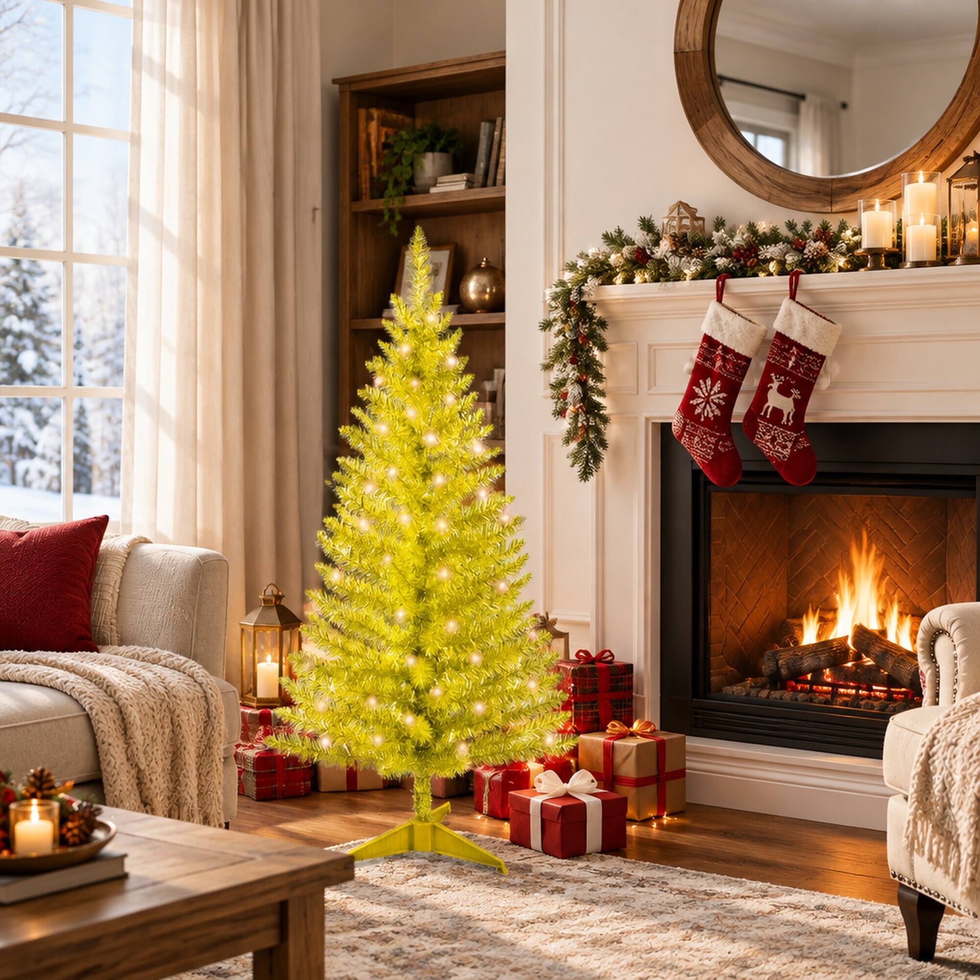 Angle. RYHNUYNE - 4FT Pre-Lit Gold Christmas Tree With 50 Lights and 122 PVC Tips, for Tabletop and Small Spaces - Gold.