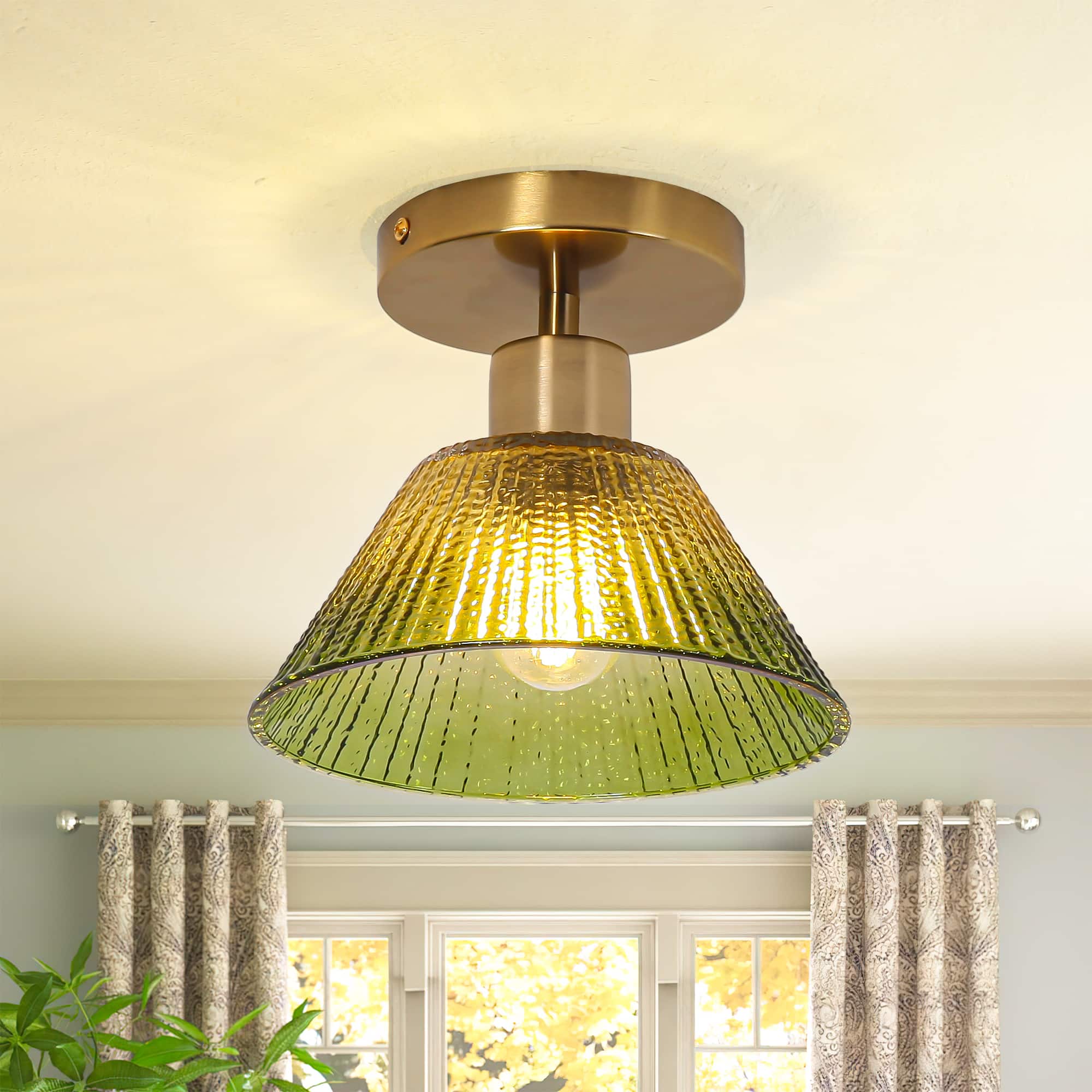 Front. Parrot Uncle - 7.5" Vintage Green Glass Hallway Semi Flush Mount Ceiling Light - Green.