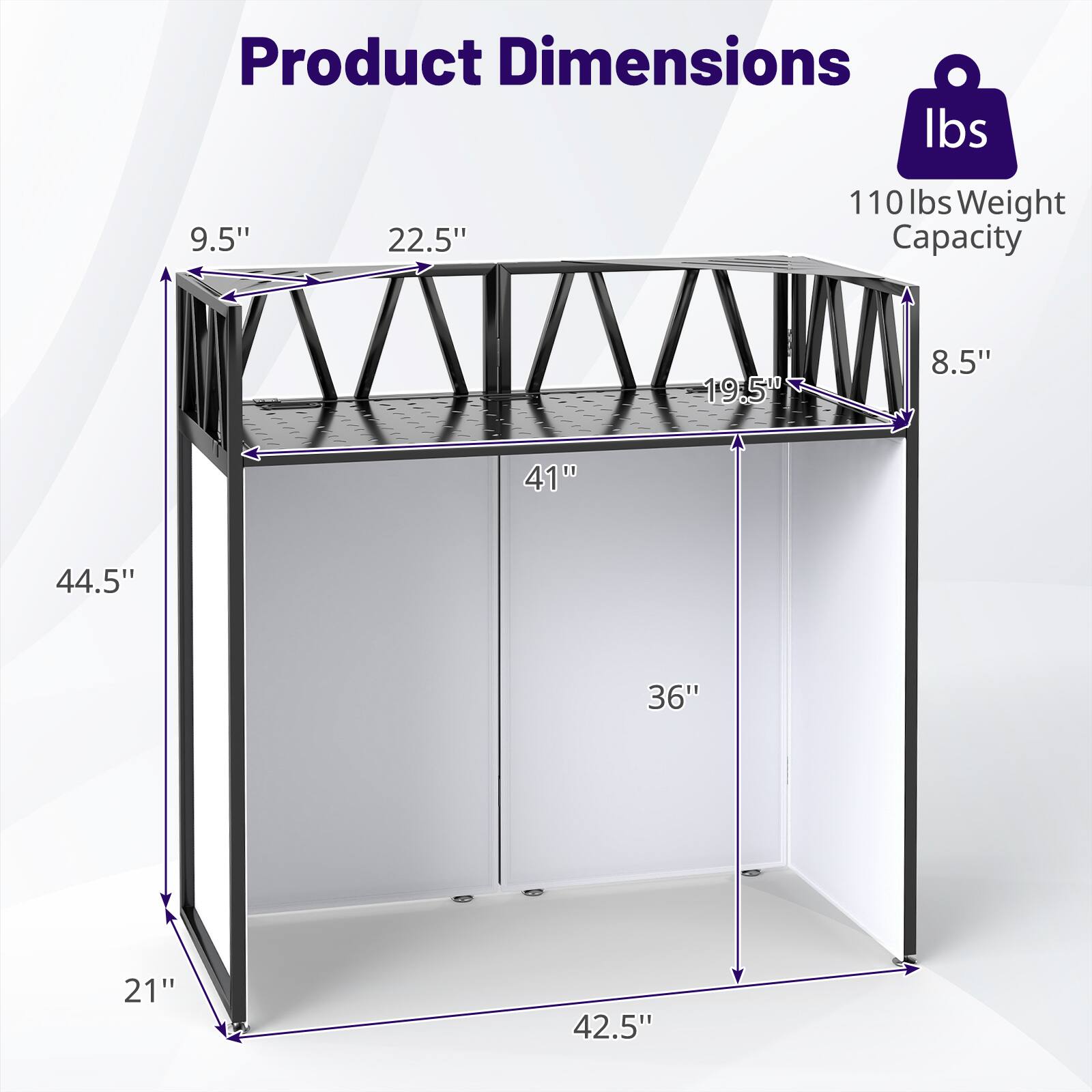 Product Dimensions: 9.5" x 22.5" x 41" x 44.5" x 21" x 42.5"  
Weight Capacity: 110 lbs