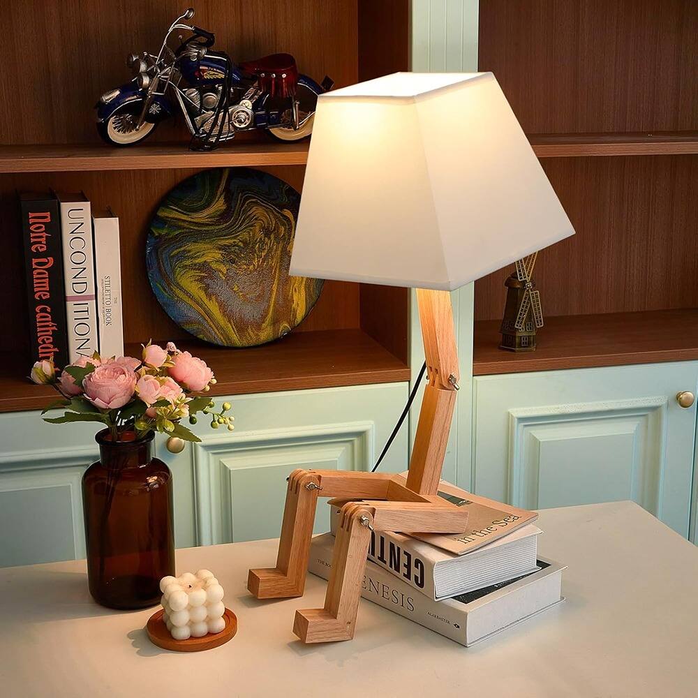 RTMB - Cute Desk Lamp – Wooden Adjustable Design, Dimmable Light, Square Fabric Shade