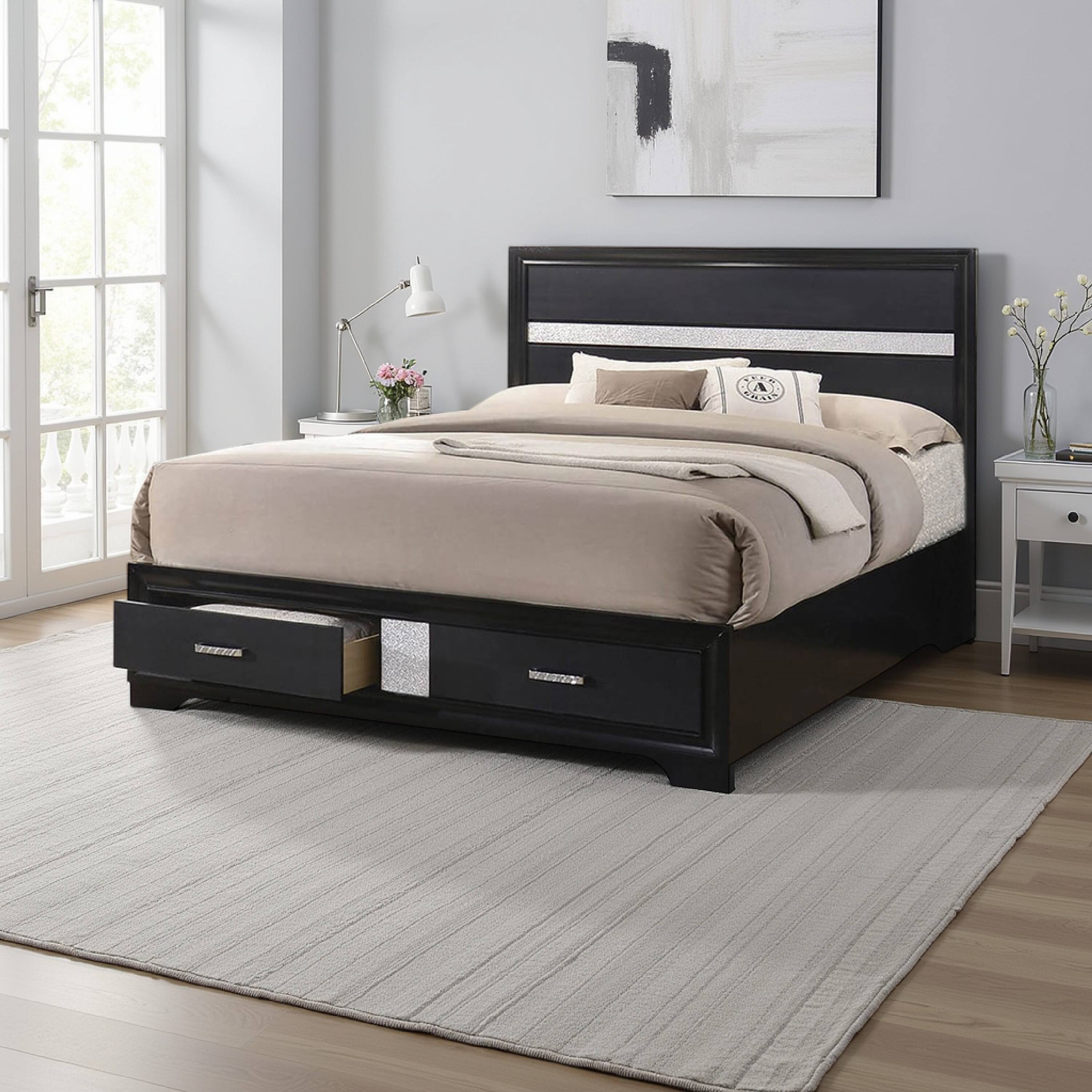 Alt View 5. Manhattan Lane - Wooden California King Size Bed with 2 Storage Drawers - Black and Silver.