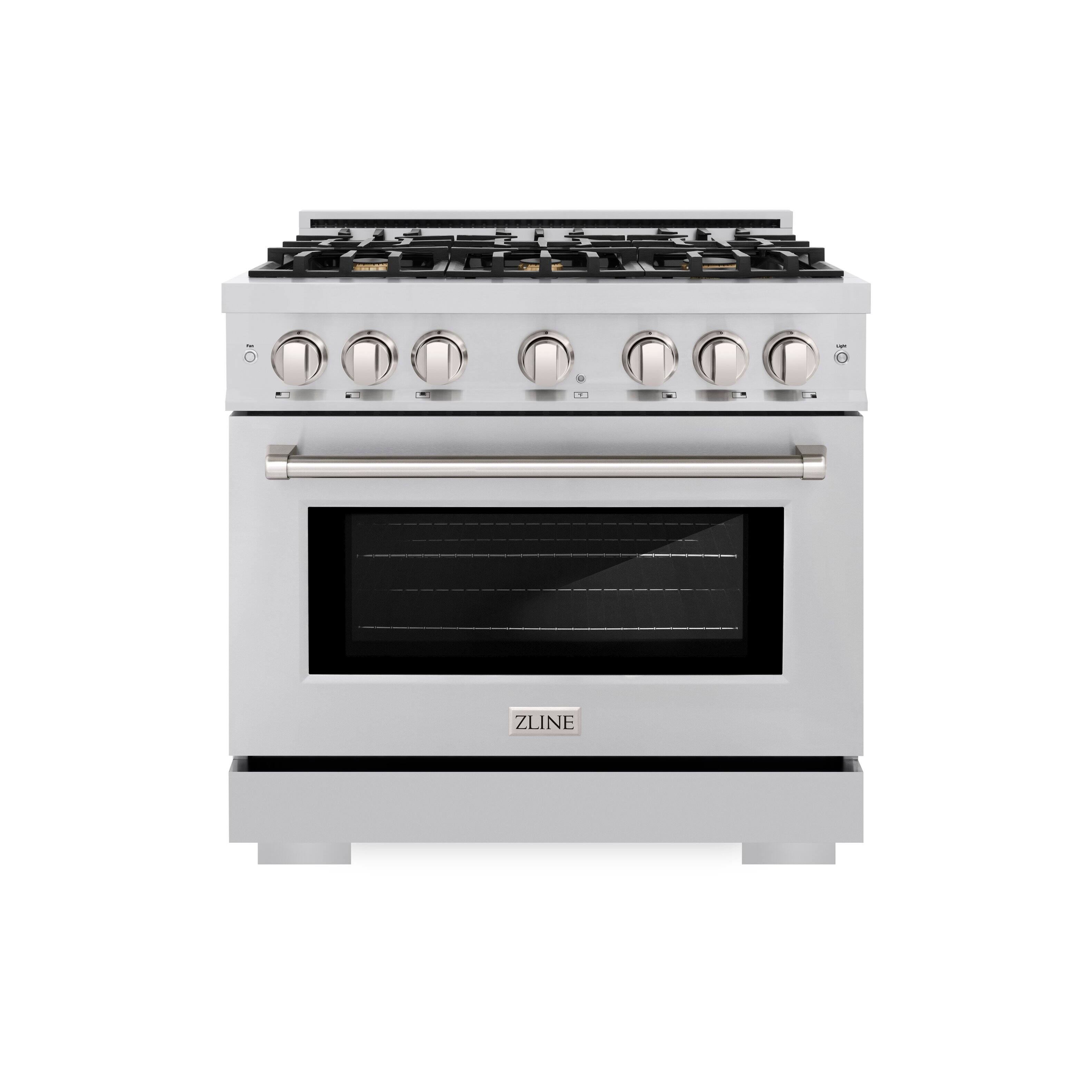 Left. ZLINE - ZLINE 36 in. 5.2 cu. ft. Freestanding Select Gas Range with Convection Oven with 6 Brass Burners - Stainless Steel.