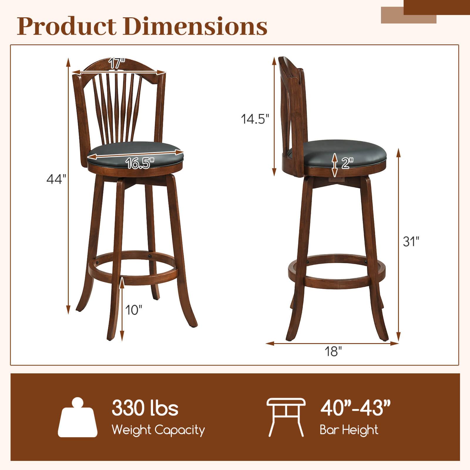 Product Dimensions:  
- Height: 44"  
- Seat Height: 16.5"  
- Seat Depth: 17"  
- Seat Width: 14.5"  
- Back Height: 17"  
- Back Width: 14.5"  
- Seat Thickness: 2"  
- Base Diameter: 18"  
- Base Height: 10"  

Weight Capacity: 330 lbs  

Bar Height: 40"-43"