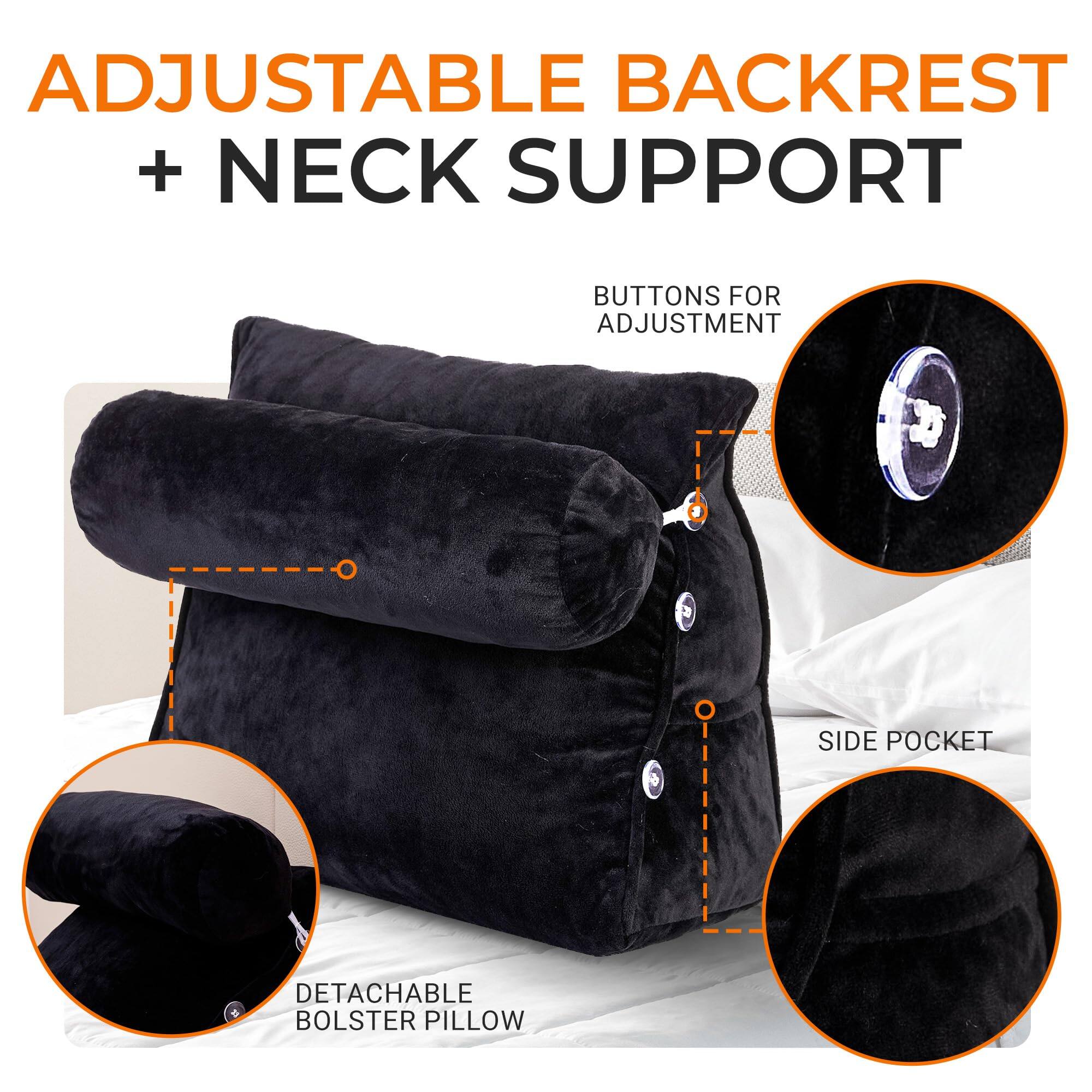 ADJUSTABLE BACKREST + NECK SUPPORT  
BUTTONS FOR ADJUSTMENT  
SIDE POCKET  
DETACHABLE BOLSTER PILLOW