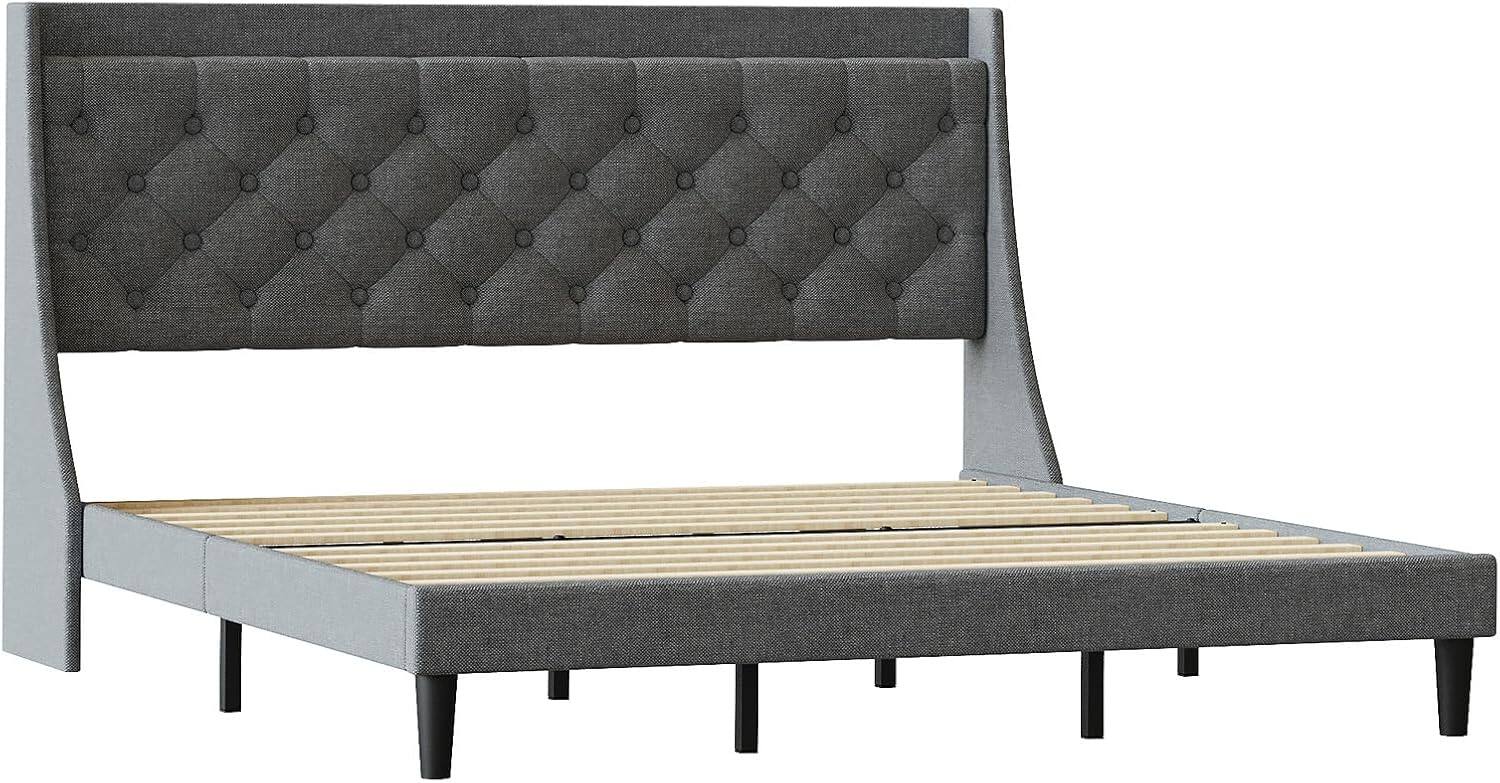 Left. Qeetex - Upholstered Bed Frame with Deep Button Tufted Headboard, Wood Slats, Storage Shelf & Charging Station, Dark Gray - Grey.